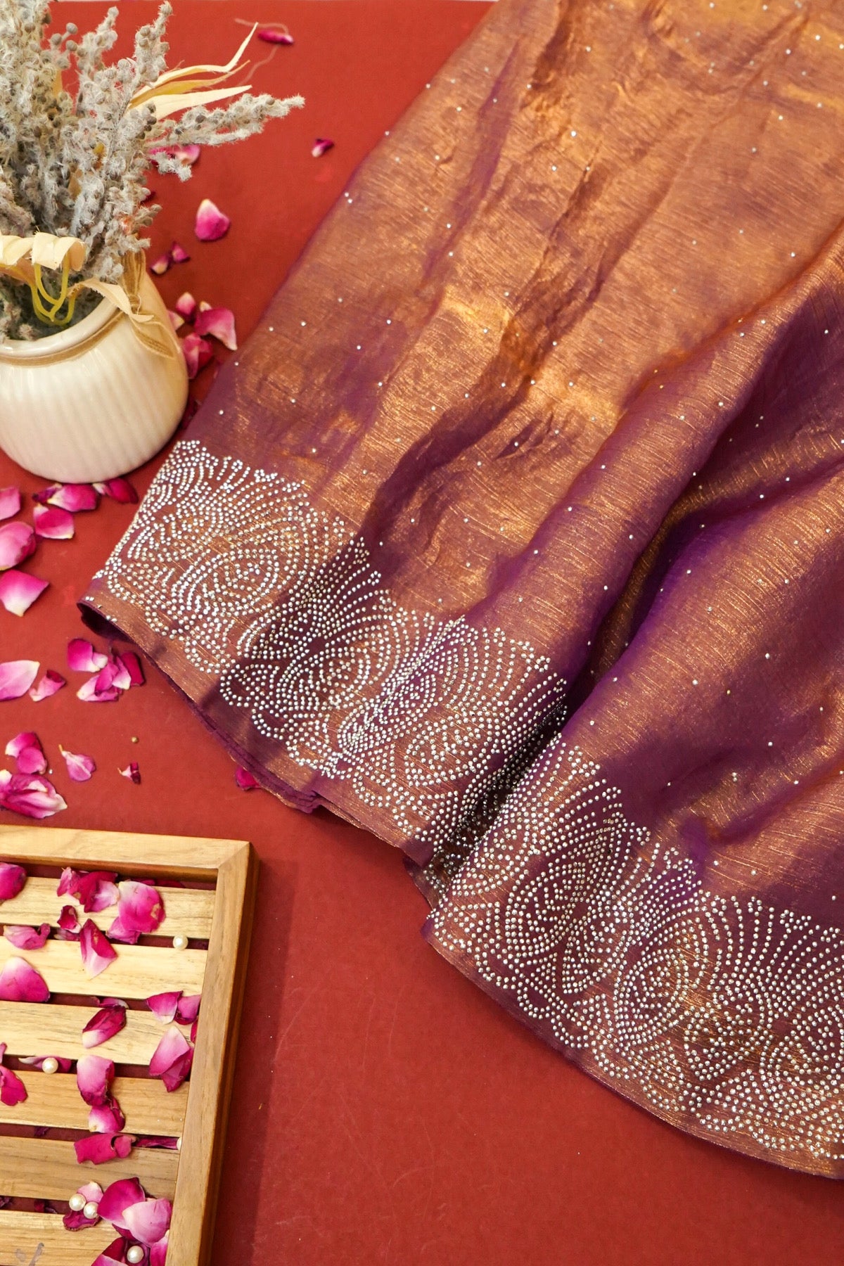 Copper Bronze Stardust Rhinestone Border Designer Silk Saree