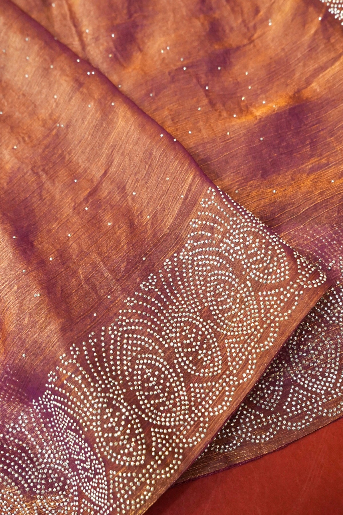 Copper Bronze Stardust Rhinestone Border Designer Silk Saree