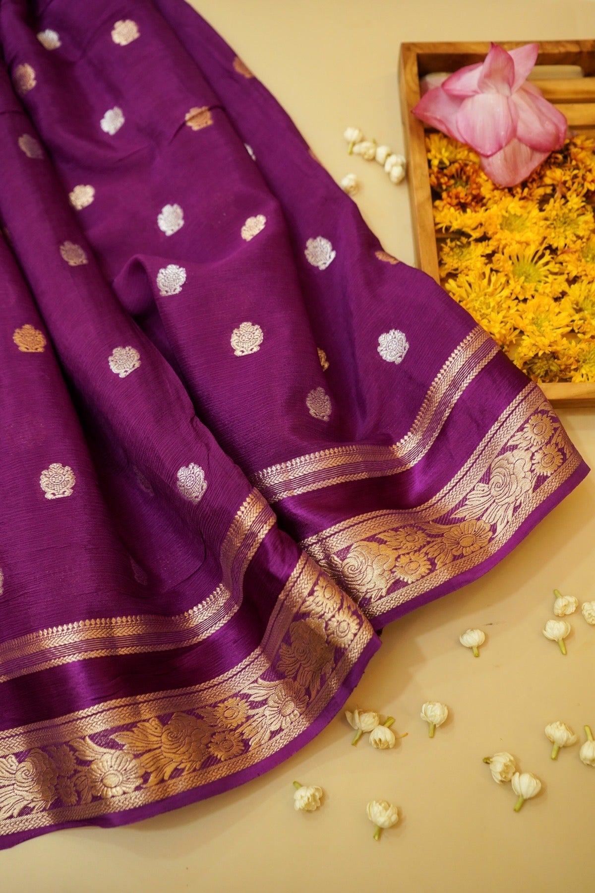 Royal Purple Floral Zari Chiffon Saree with Stitched Blouse