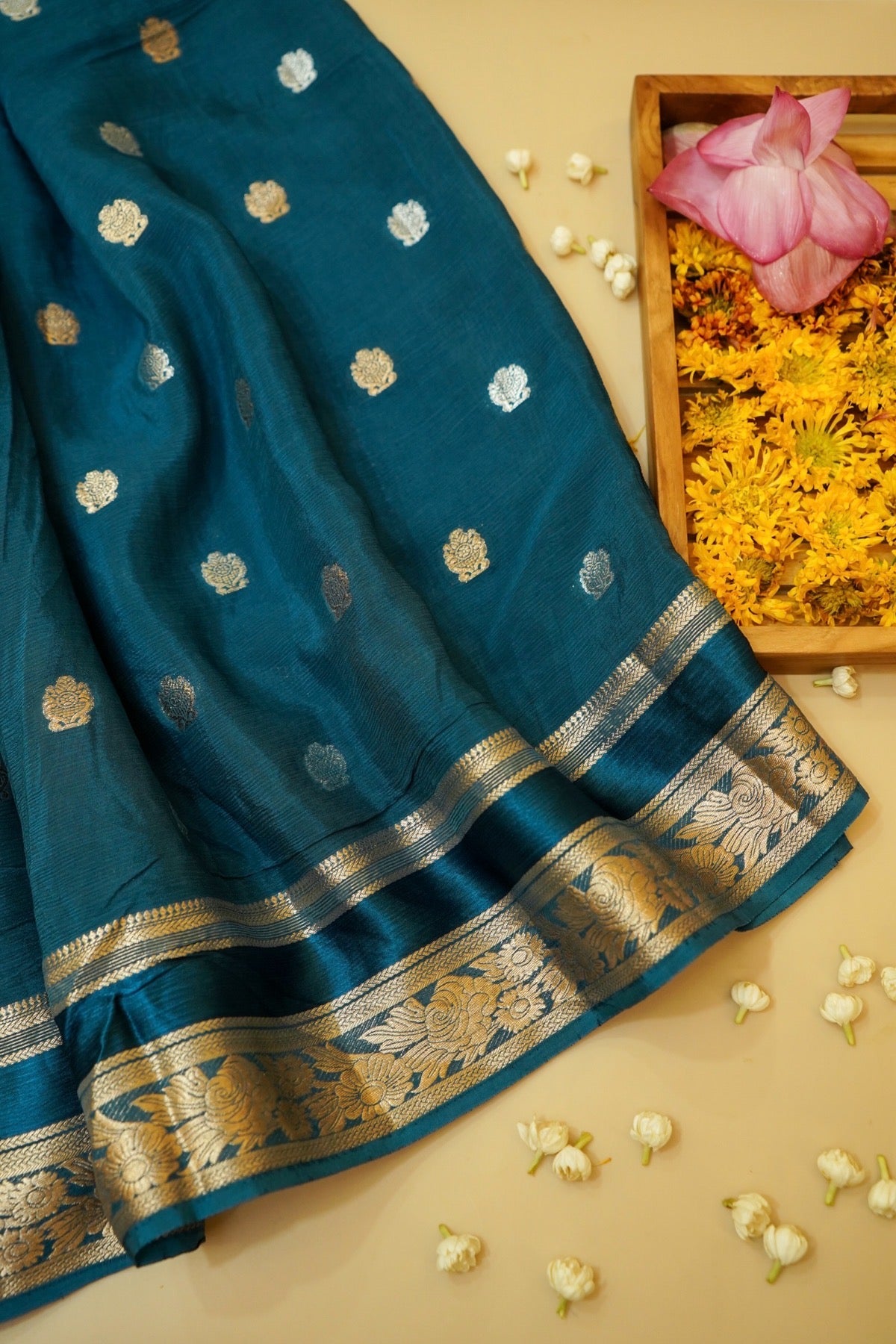 Teal Blue Floral Zari Chiffon Saree with Stitched Blouse