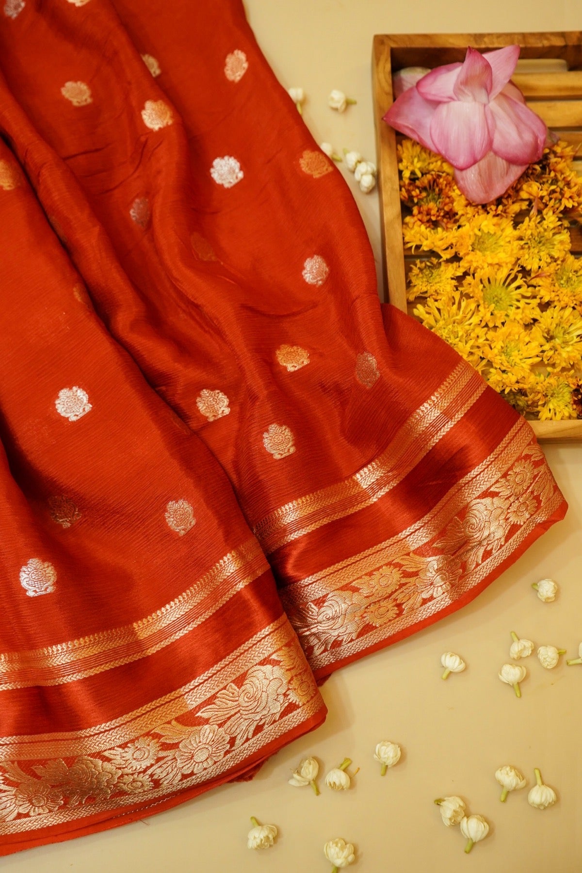 Burnt Orange Floral Zari Chiffon Saree with Stitched Blouse