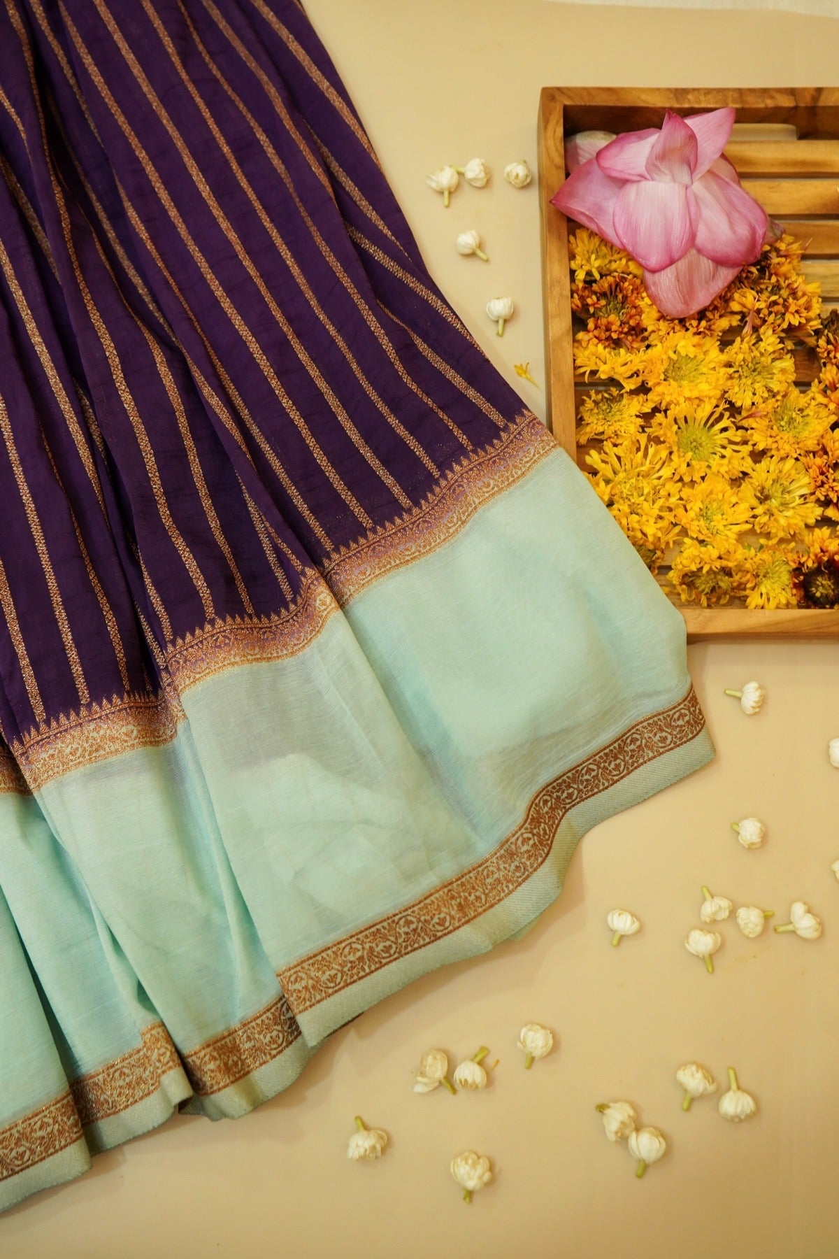 Regal Stripes Chinon Silk Saree with Stitched Blouse in Deep Purple