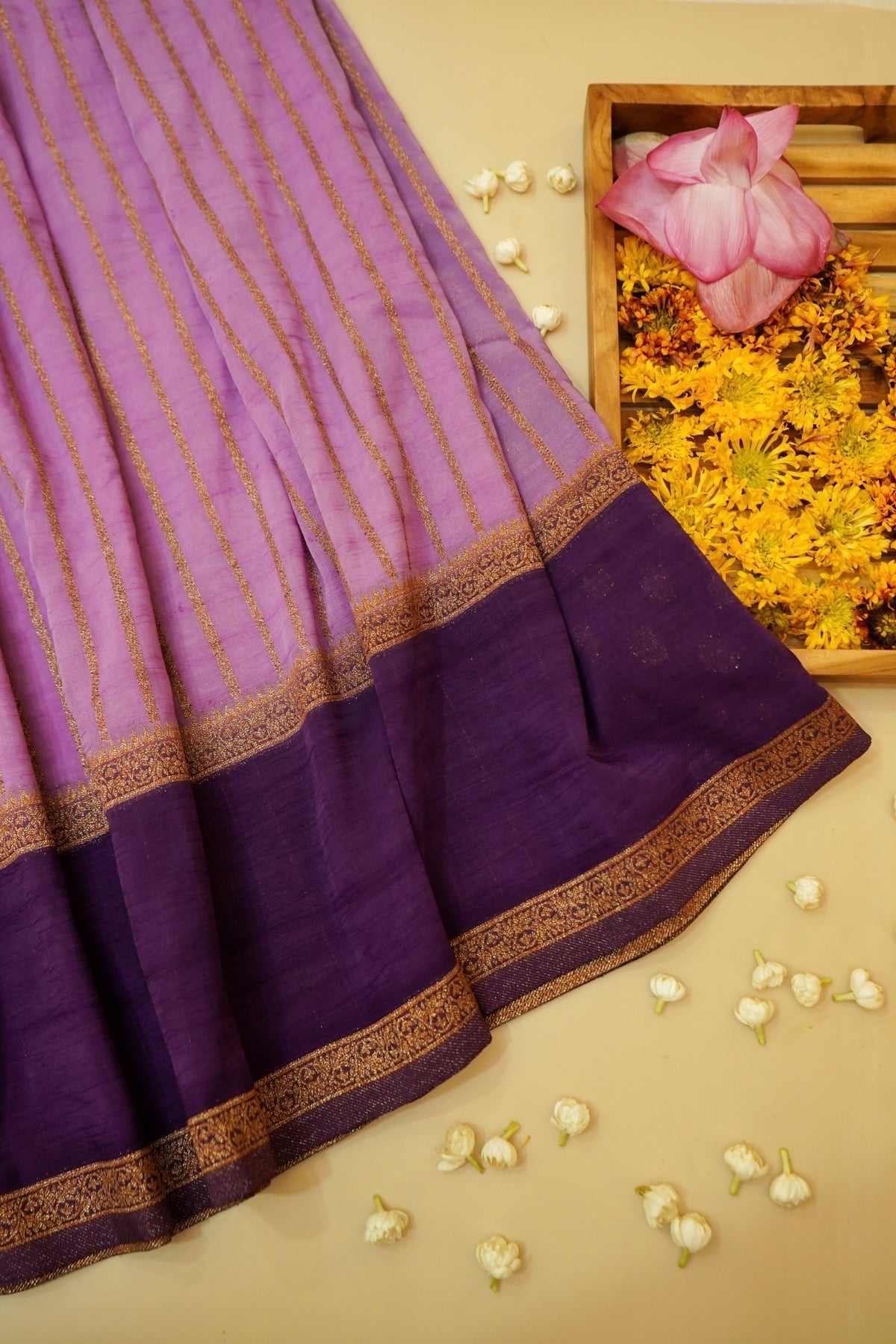 Regal Stripes Chinon Silk Saree with Stitched Blouse in Lavender