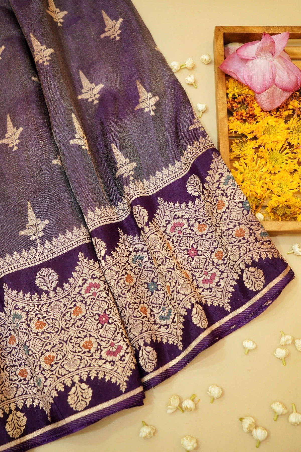 Deep Blue Tissue Silk Saree with Artistic Floral Border