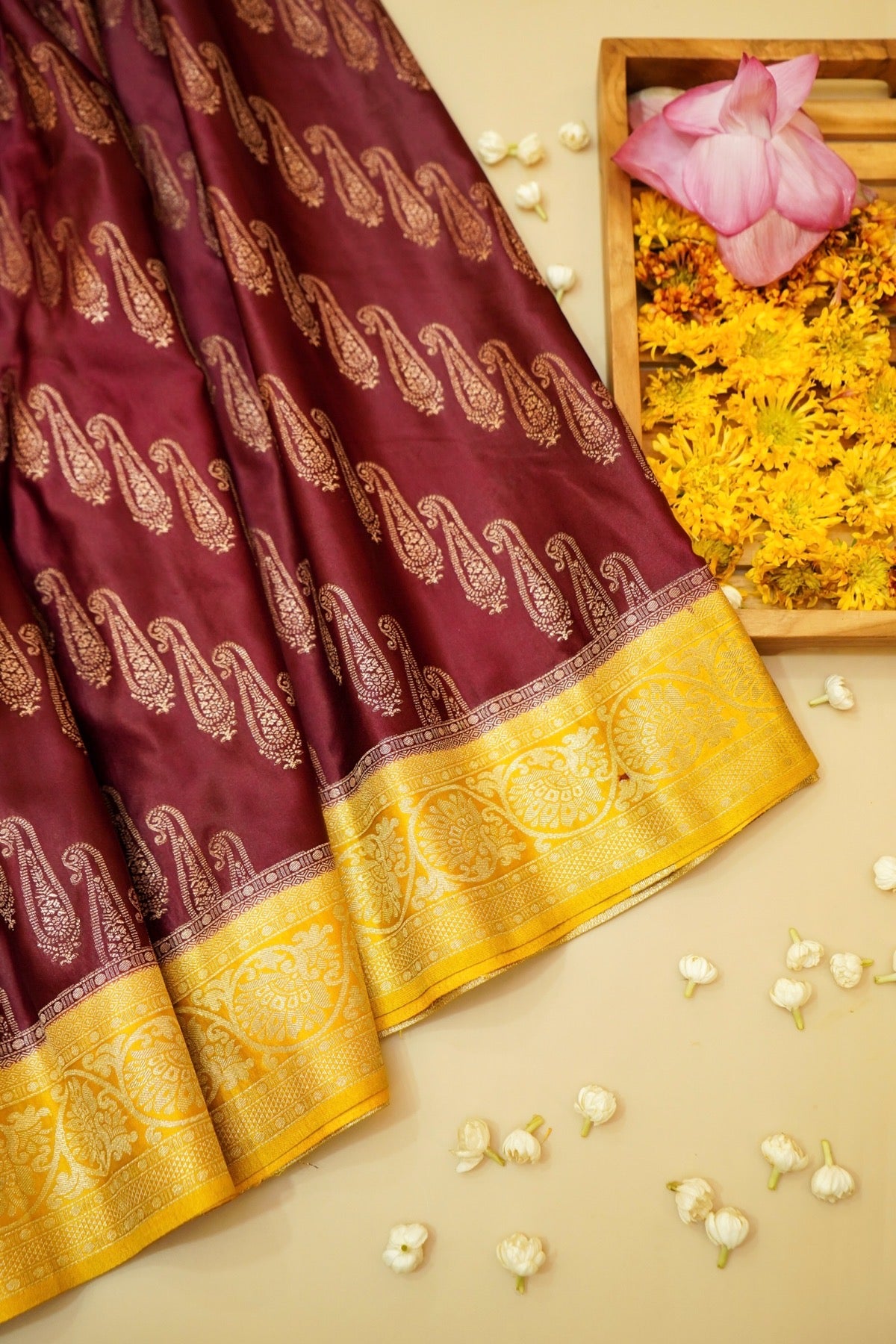 Classic Wine Satin Mashru Silk Saree with Mustard Border