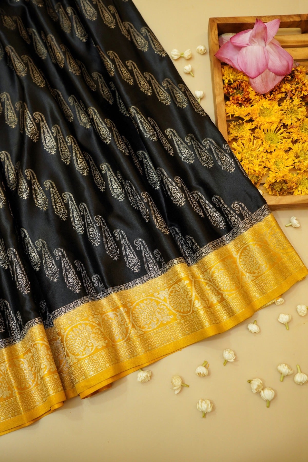 Classic Black Satin Mashru Silk Saree with Gold Zari Border