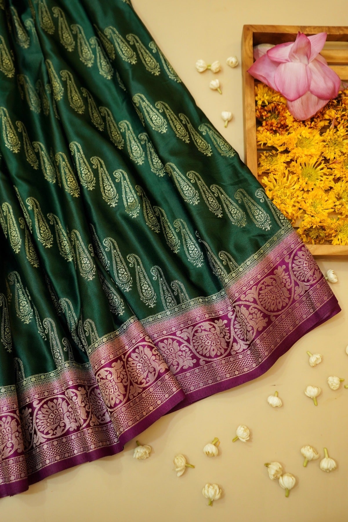 Classic Bottle Green Satin Mashru Silk Saree with Purple Border