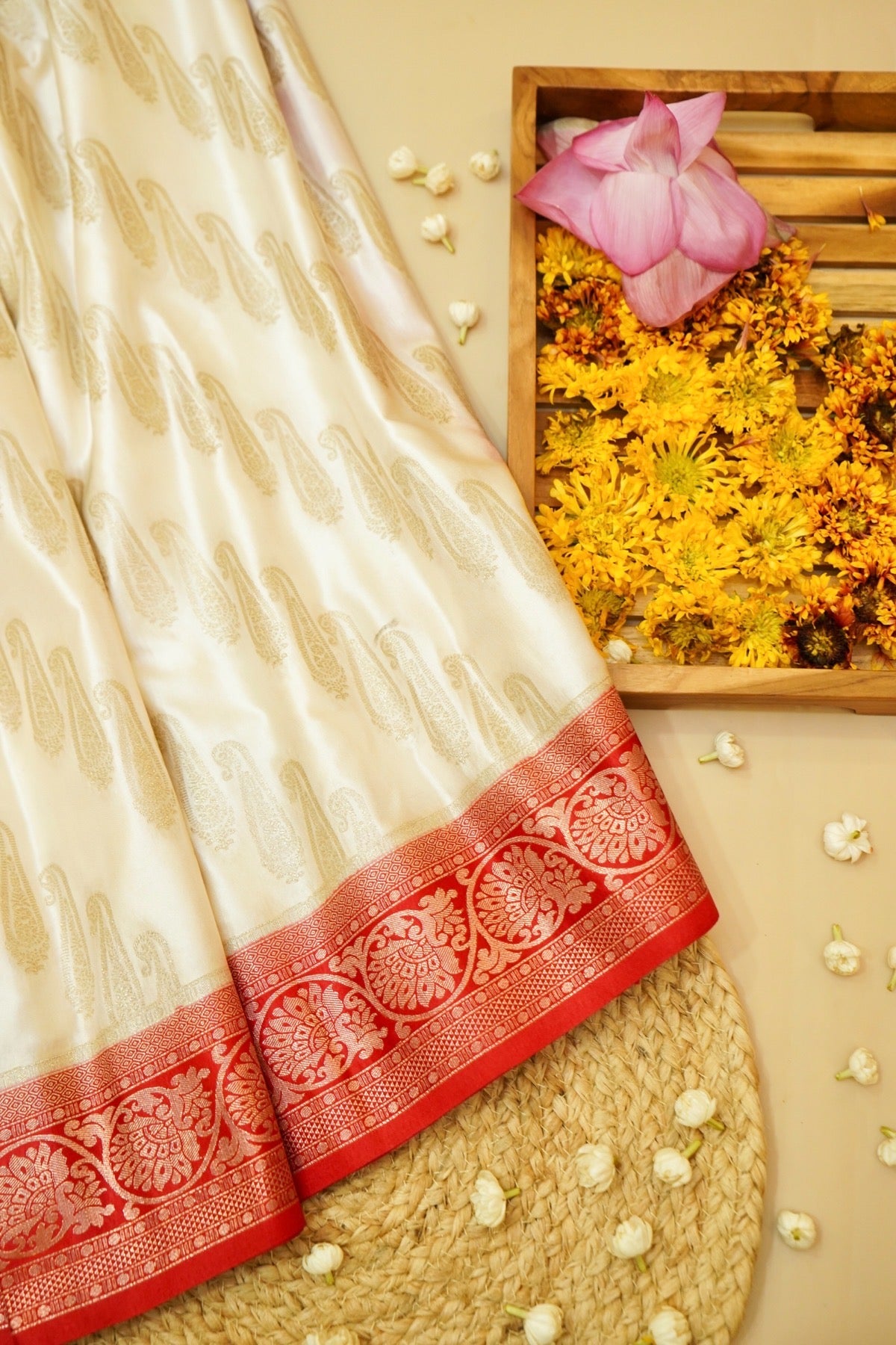 Classic Ivory Satin Mashru Silk Saree with Red Border