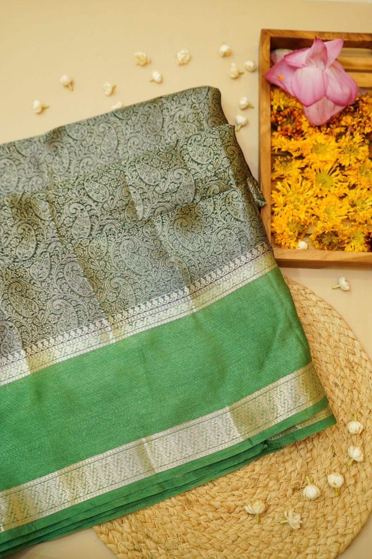 Emerald Green Worm Silk Saree with Gold Zari Detailing