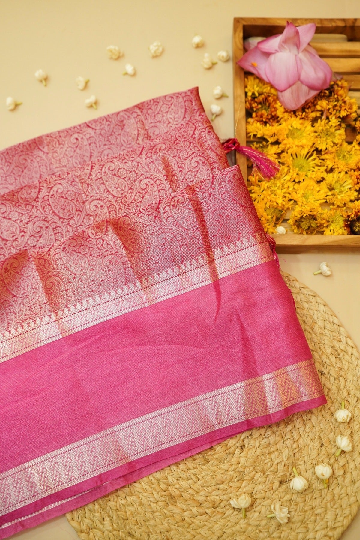 Rose Pink Worm Silk Saree with Gold Zari Detailing