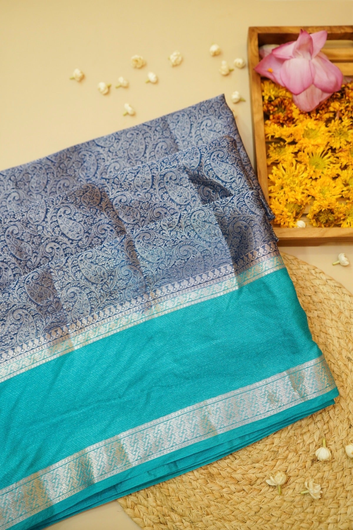 Steel Blue and Turquoise Worm Silk Saree with Gold Zari Detailing