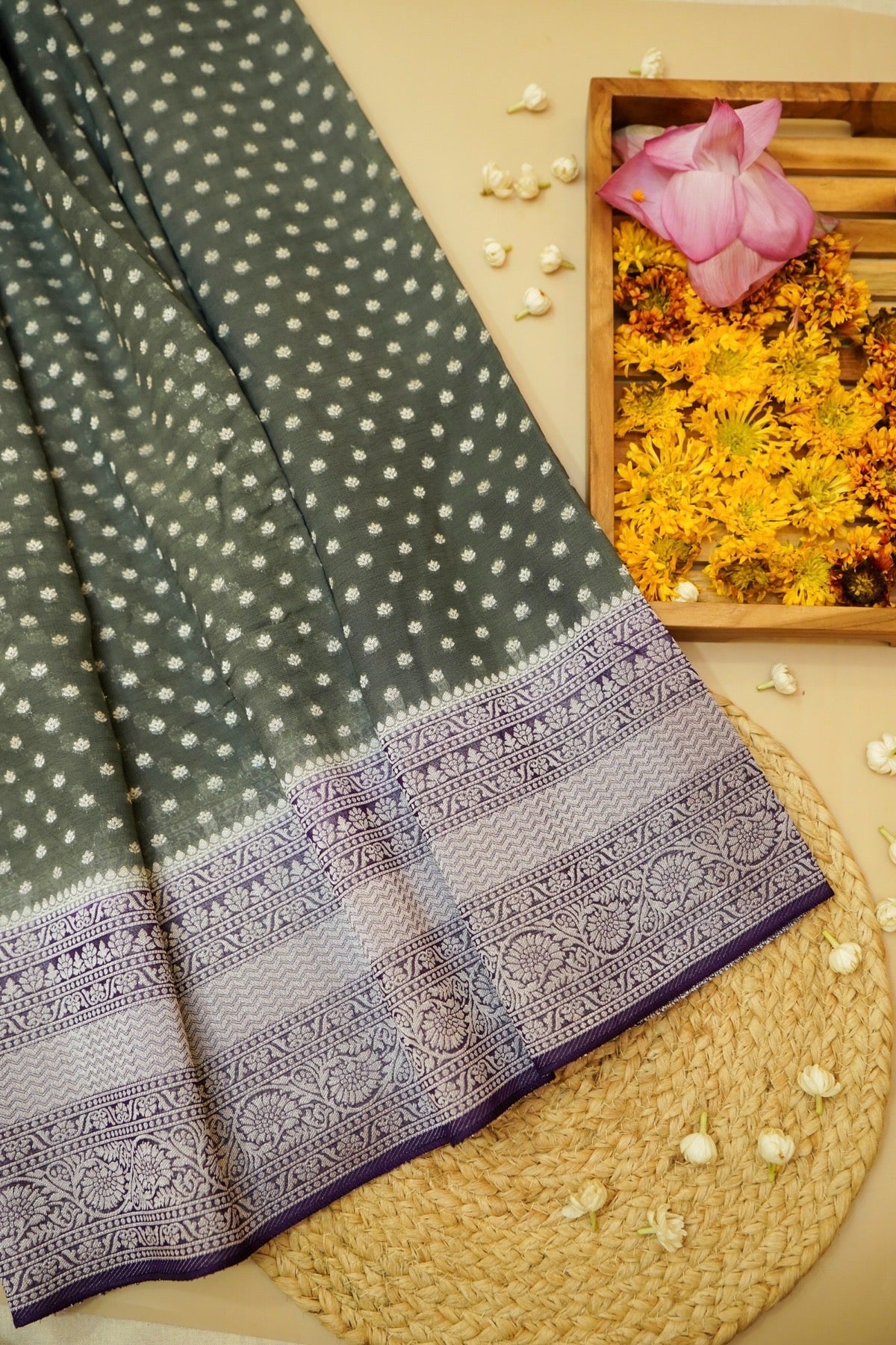 Dusty Sage Green Khaddi Georgette Pure Banarasi Saree with Contrast Royal Purple Border