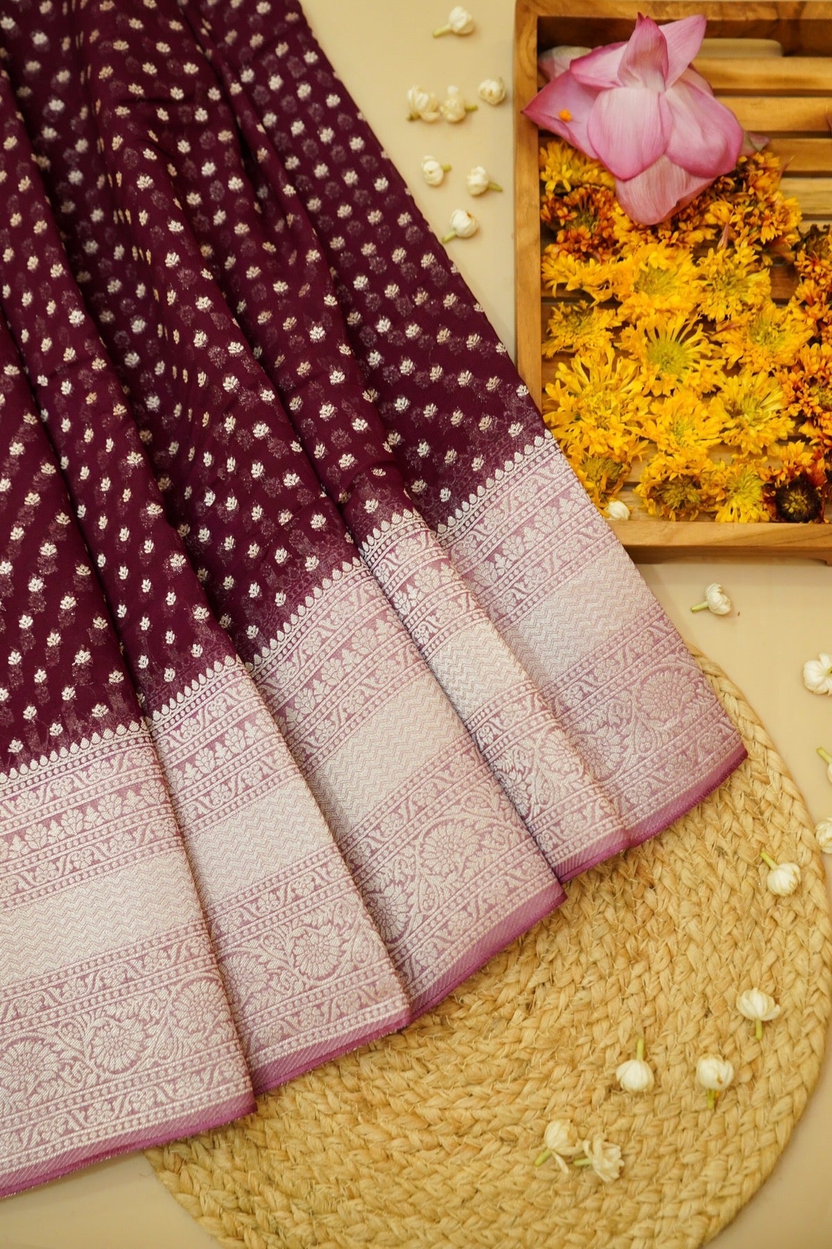 Deep Wine Purple Khaddi Georgette Pure Banarasi Saree with Contrast Dusty Rose Border