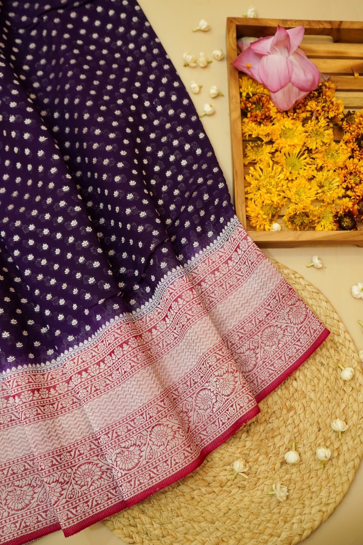 Deep Royal Purple Khaddi Georgette Pure Banarasi Saree with Contrast Rose Red Border