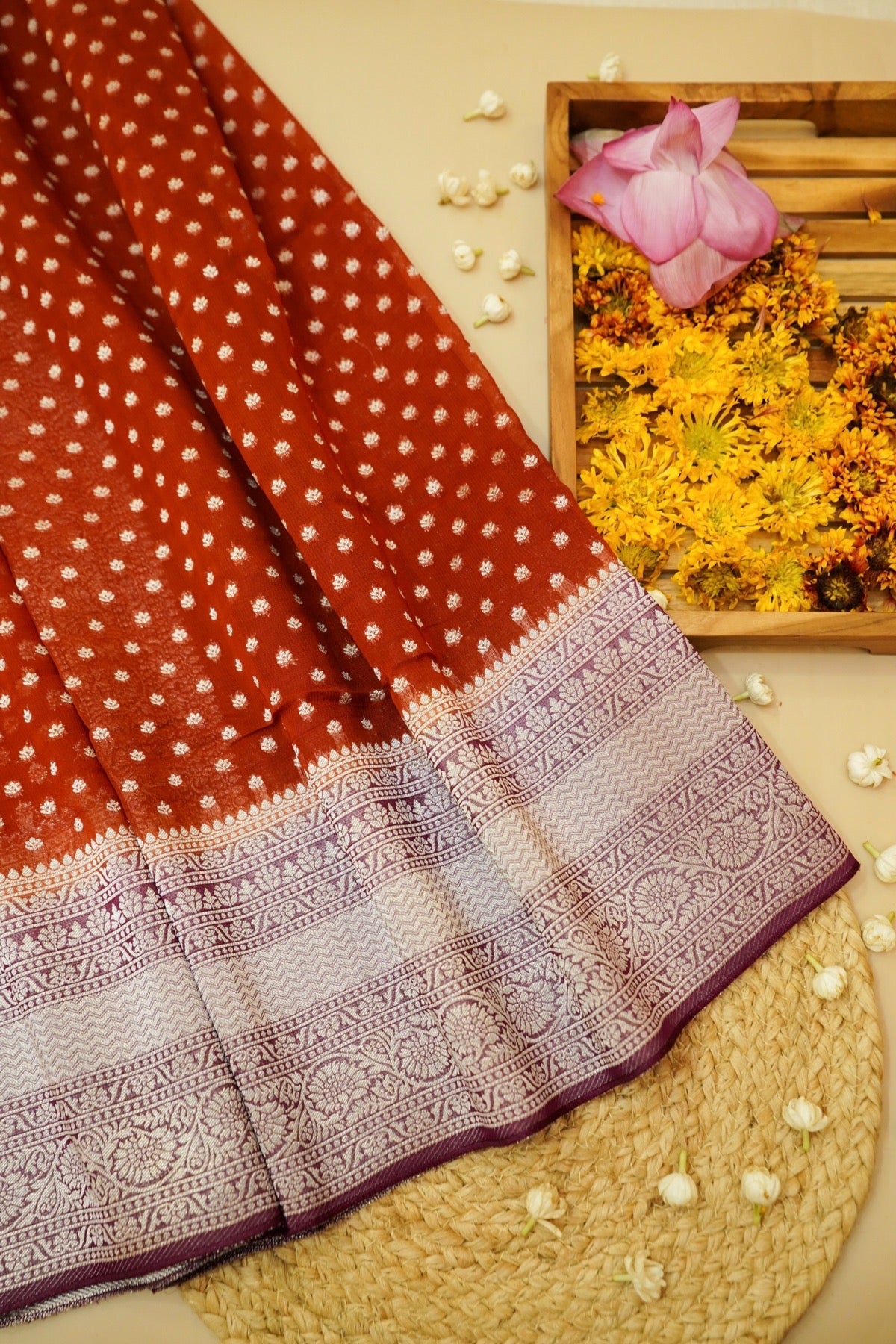 Burnt Orange Khaddi Georgette Pure Banarasi Saree with Contrast Mauve Grey Border