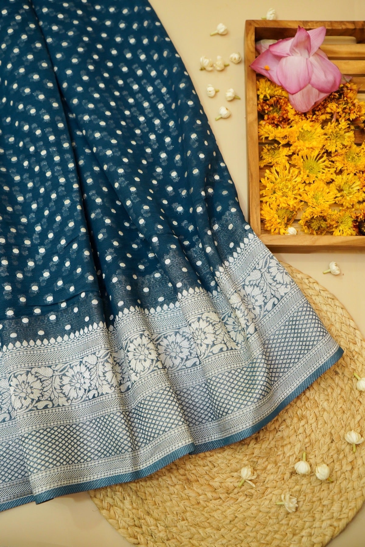 Deep Teal Blue Khaddi Georgette Pure Banarasi Saree with Champagne Zari Border
