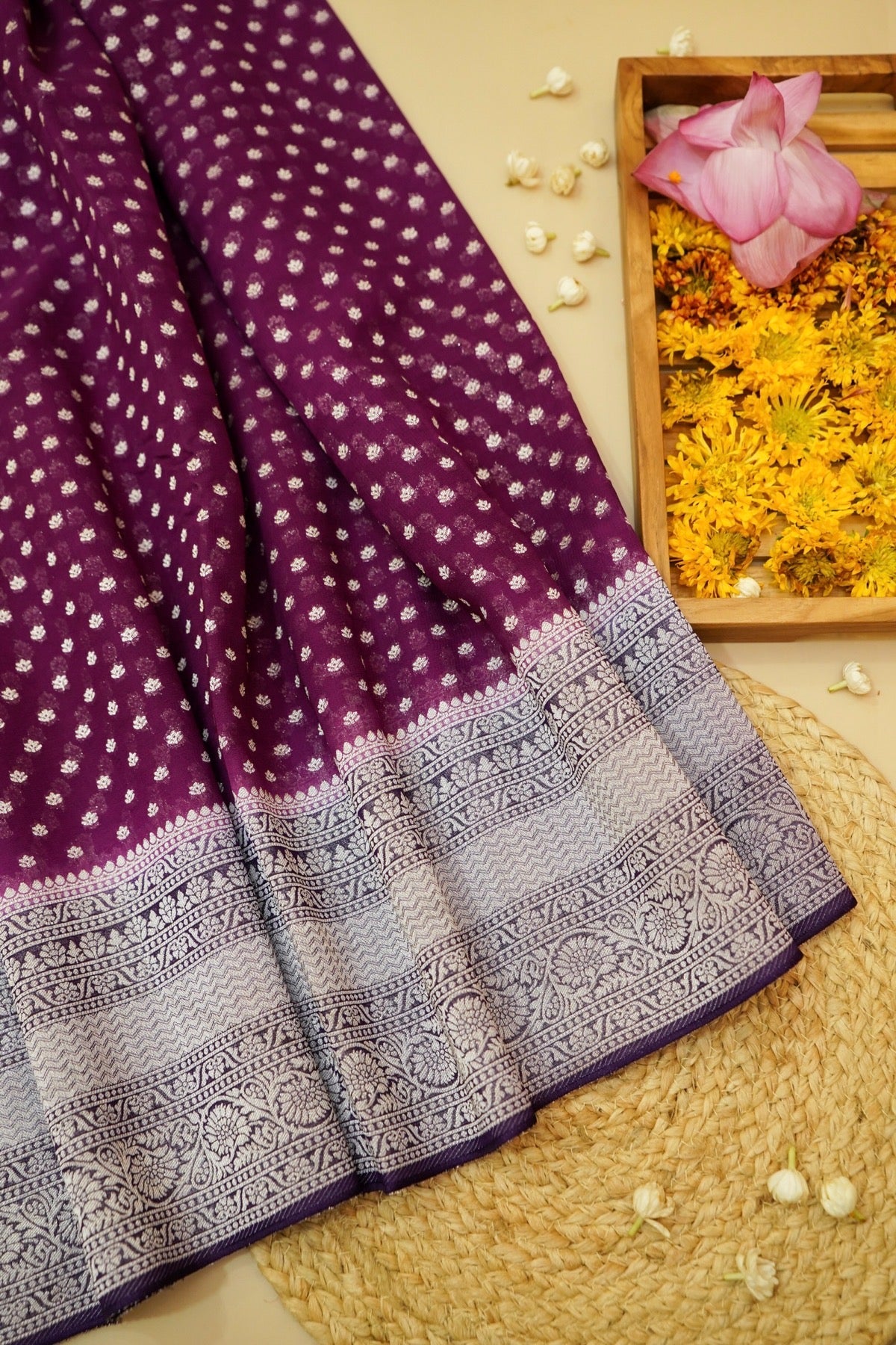 Orchid Purple Khaddi Georgette Pure Banarasi Saree with Contrast Smoky Lavender Grey Border