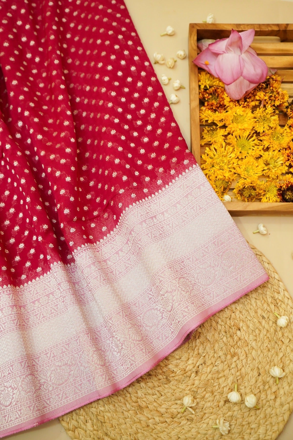 Deep Red Khaddi Georgette Pure Banarasi Saree with Rani Pink and Champagne Zari Border