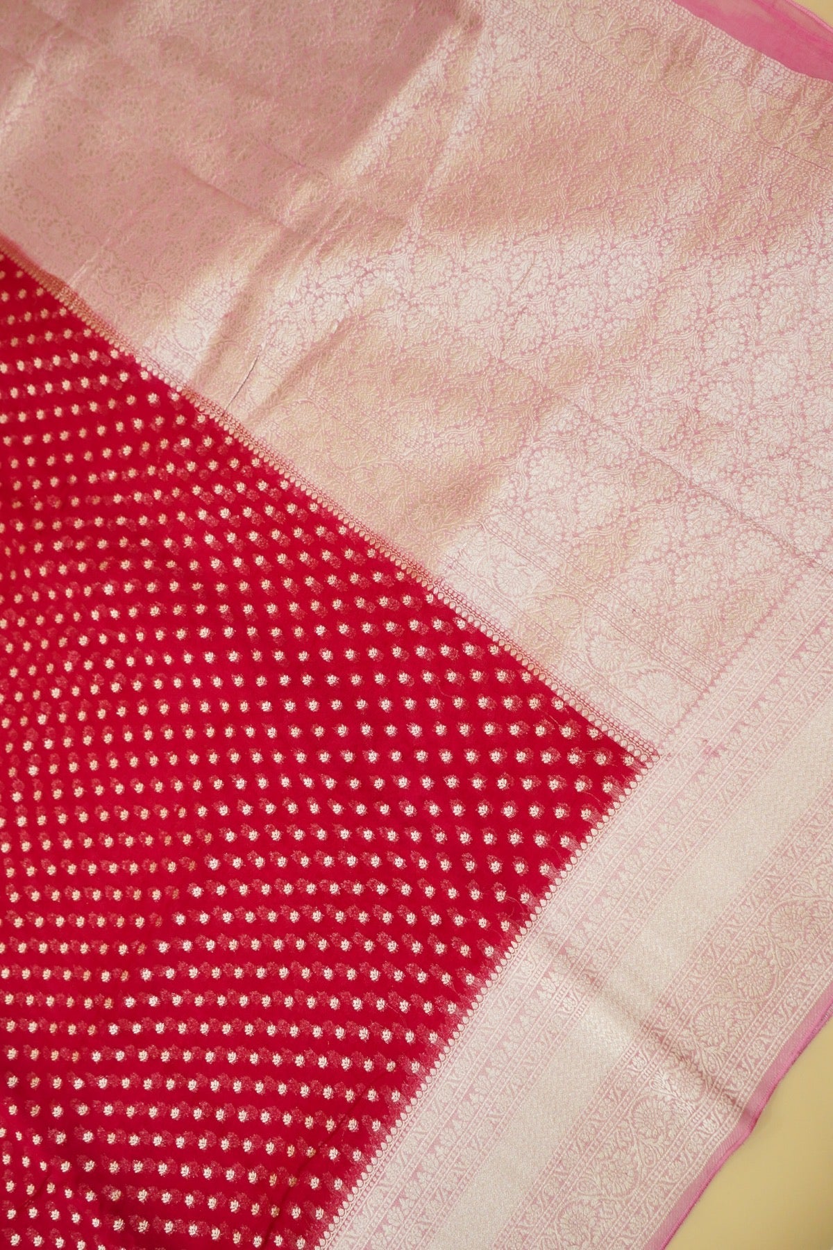 Deep Red Khaddi Georgette Pure Banarasi Saree with Rani Pink and Champagne Zari Border