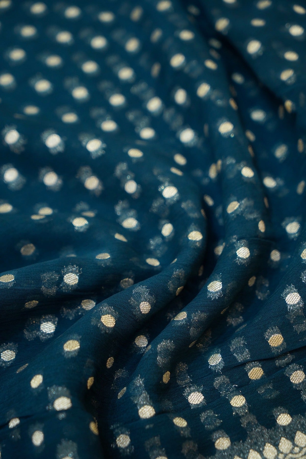 Deep Teal Blue Khaddi Georgette Pure Banarasi Saree with Champagne Zari Border