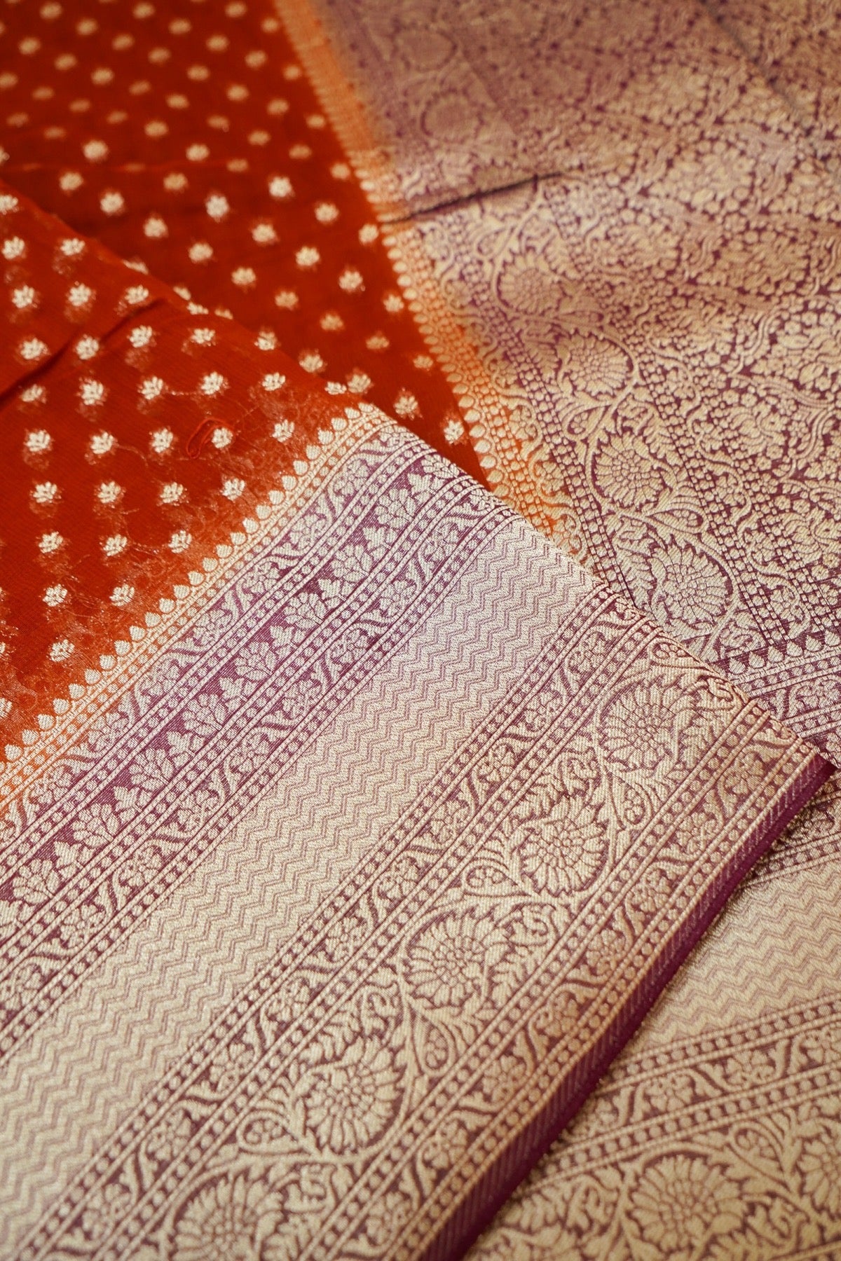 Burnt Orange Khaddi Georgette Pure Banarasi Saree with Contrast Mauve Grey Border