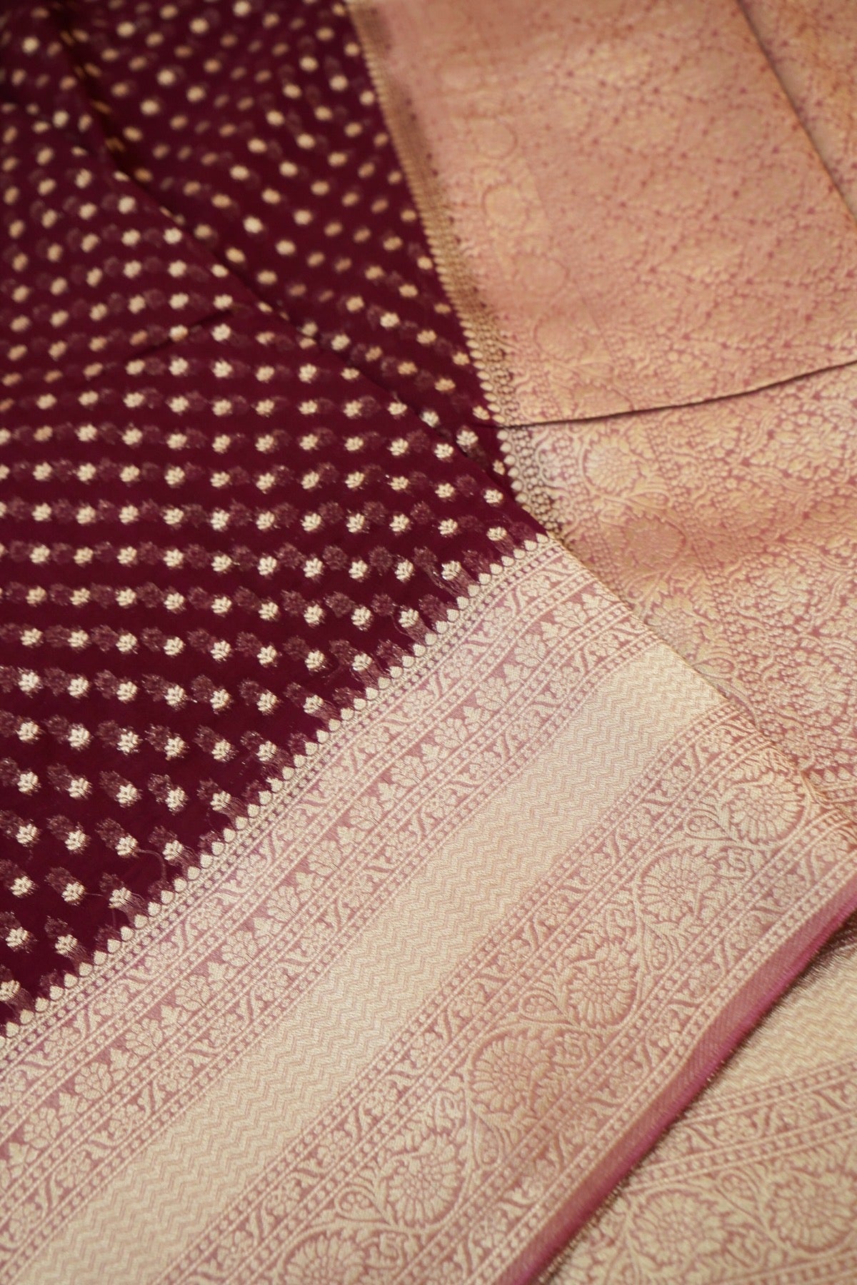 Deep Wine Purple Khaddi Georgette Pure Banarasi Saree with Contrast Dusty Rose Border