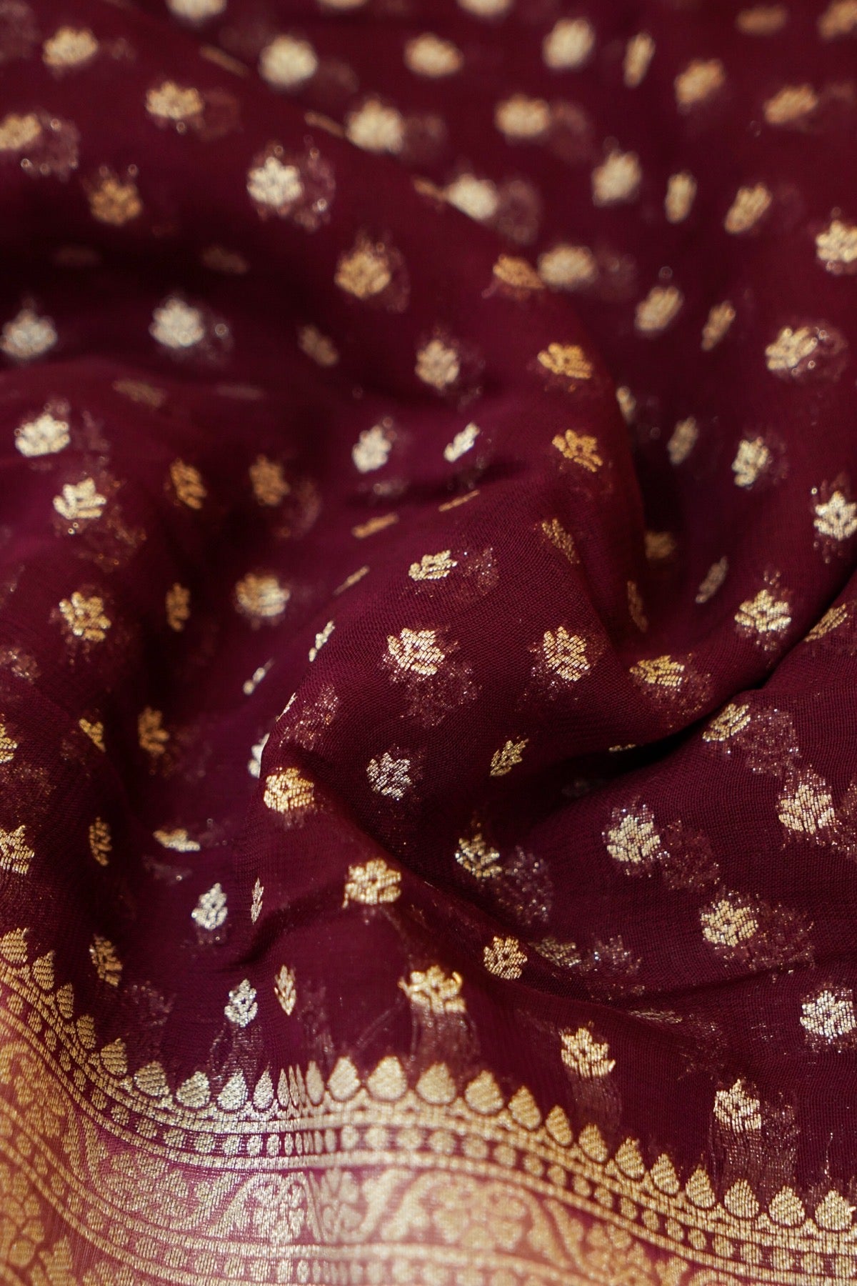 Deep Wine Purple Khaddi Georgette Pure Banarasi Saree with Contrast Dusty Rose Border