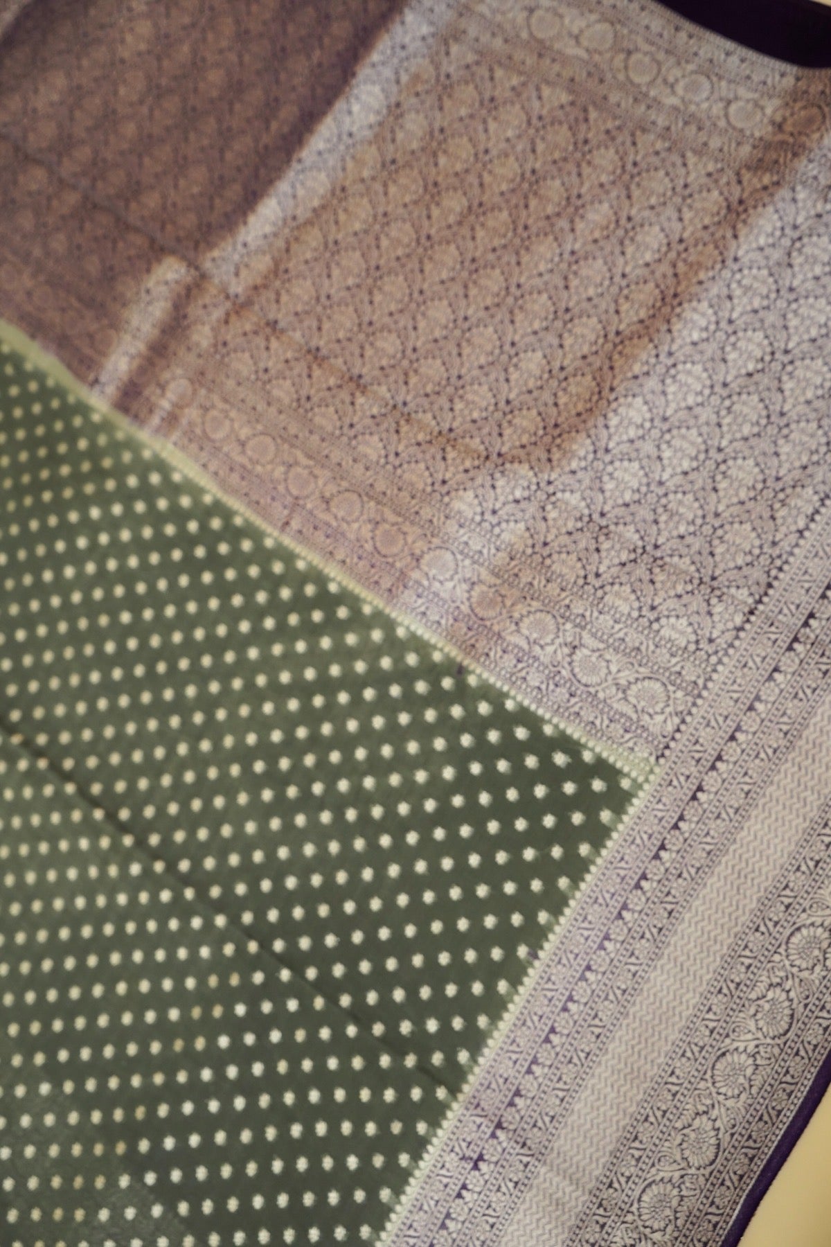 Dusty Sage Green Khaddi Georgette Pure Banarasi Saree with Contrast Royal Purple Border