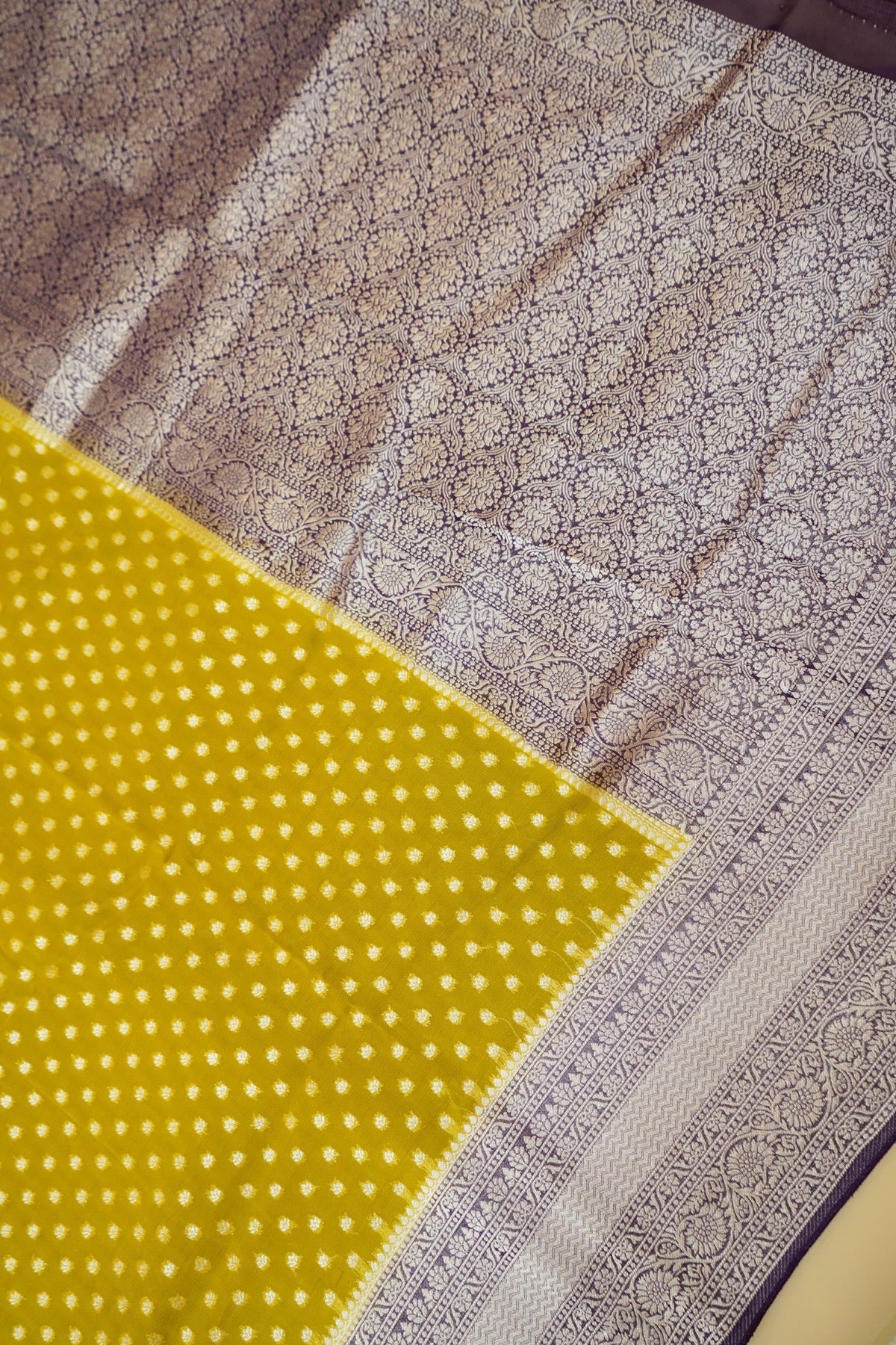 Mustard Yellow Khaddi Georgette Pure Banarasi Saree with Contrast Purple Border