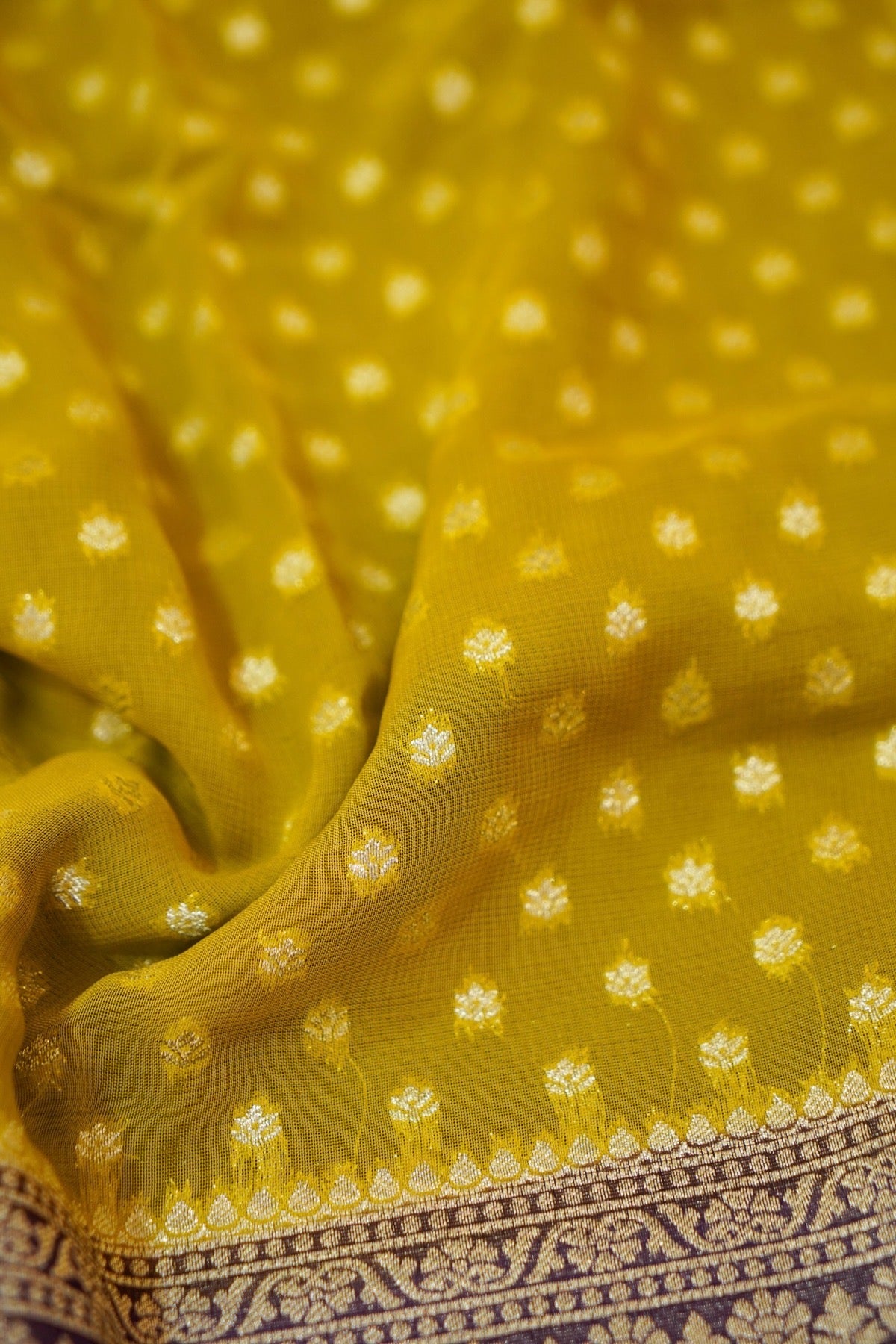 Mustard Yellow Khaddi Georgette Pure Banarasi Saree with Contrast Purple Border