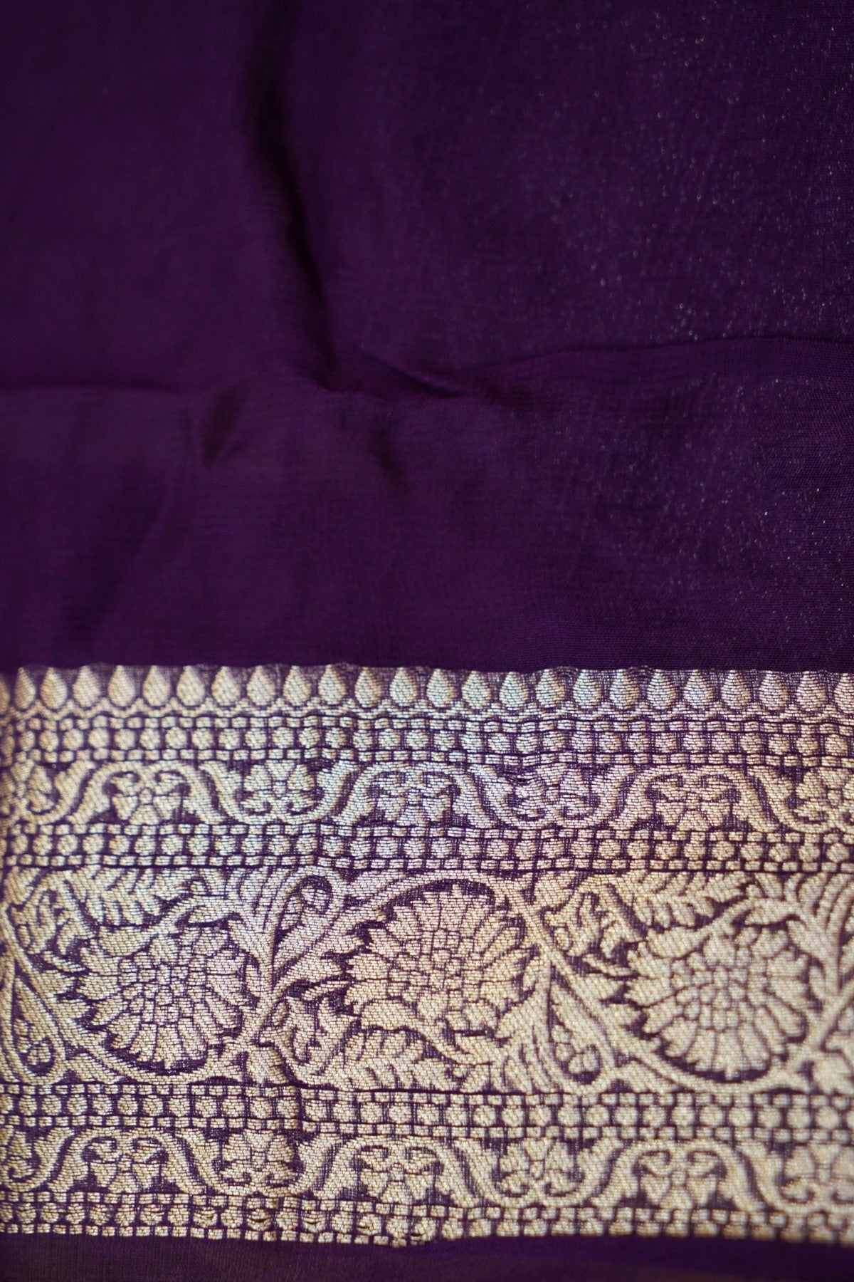 Mustard Yellow Khaddi Georgette Pure Banarasi Saree with Contrast Purple Border