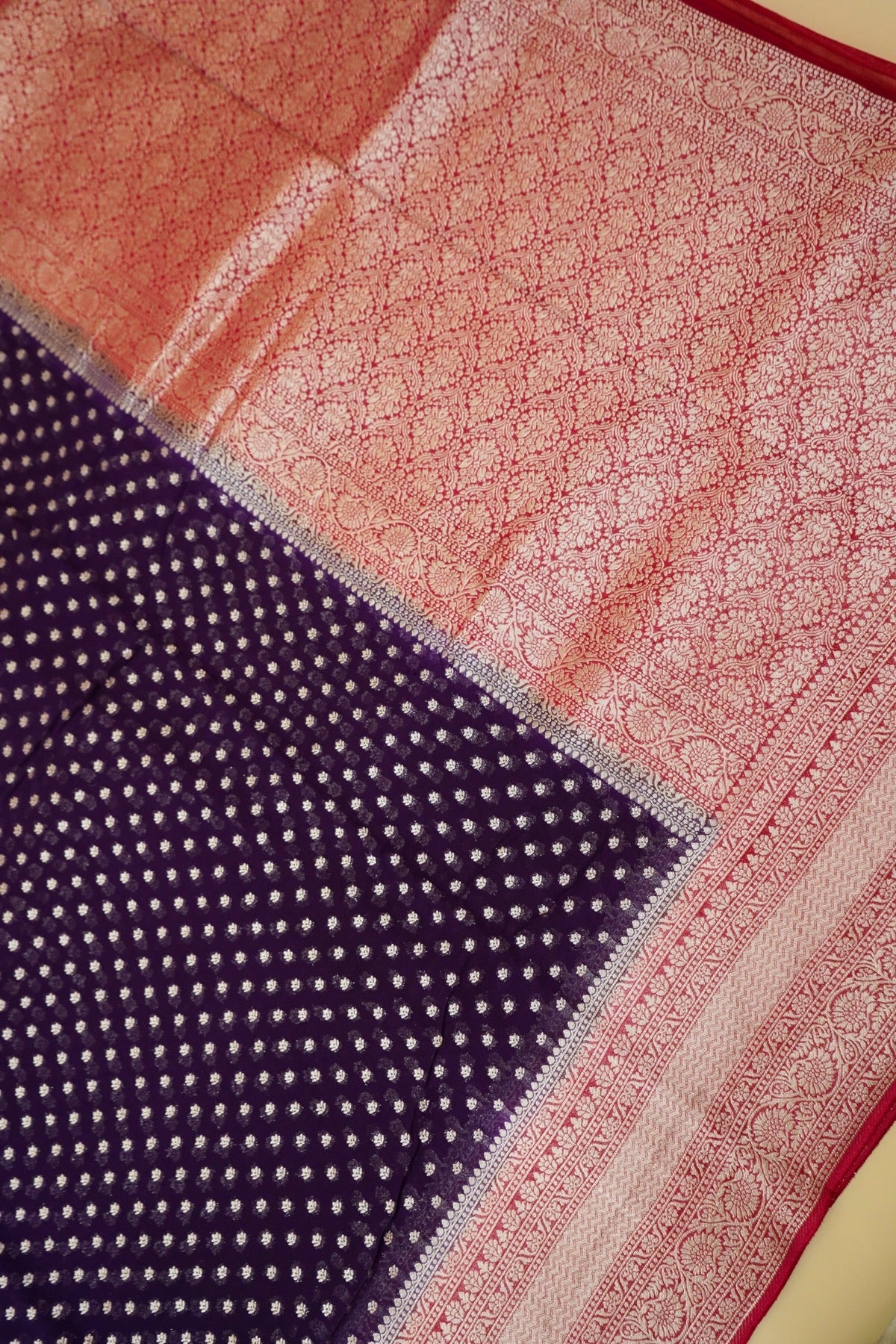 Deep Royal Purple Khaddi Georgette Pure Banarasi Saree with Contrast Rose Red Border