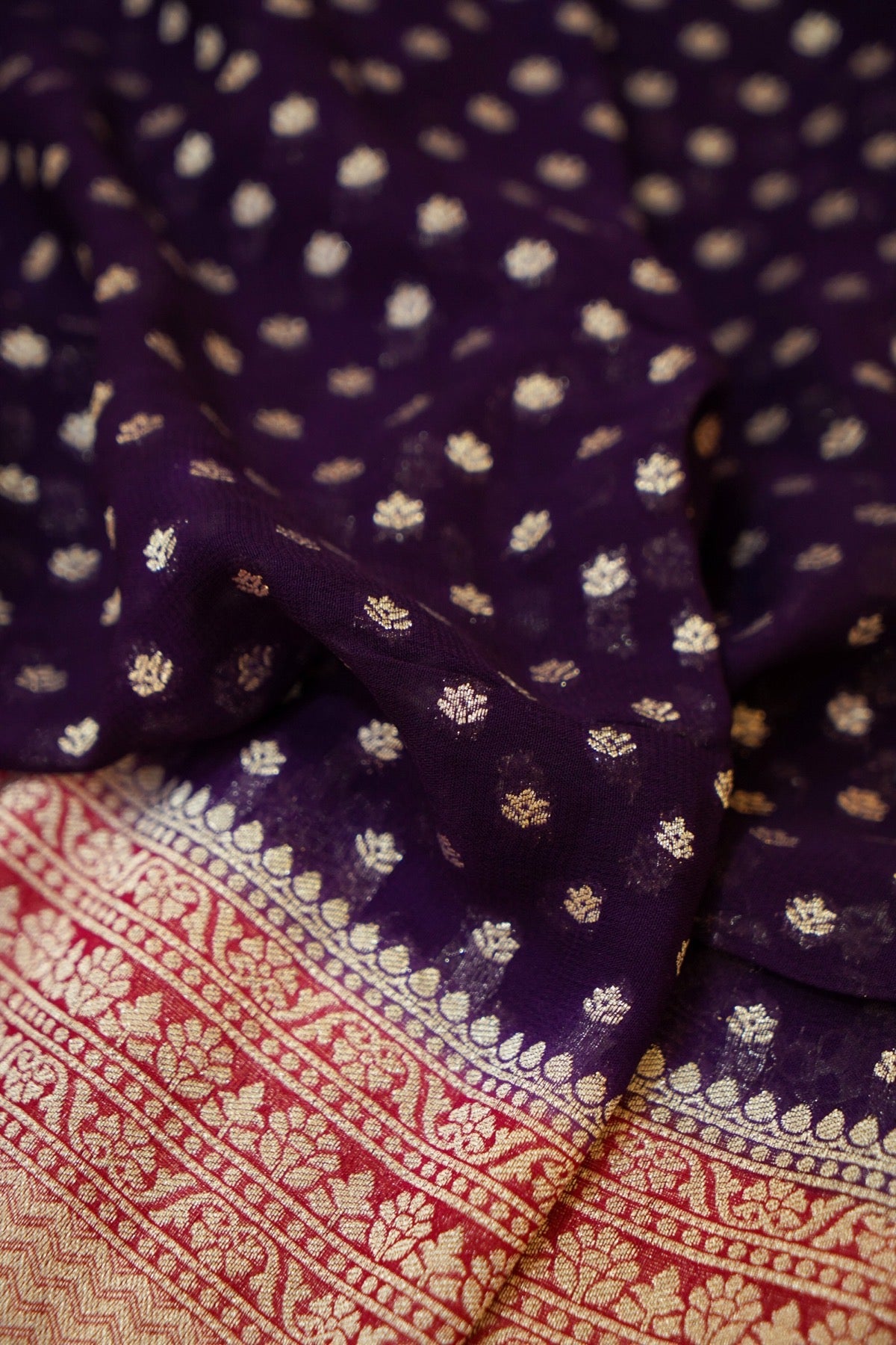 Deep Royal Purple Khaddi Georgette Pure Banarasi Saree with Contrast Rose Red Border