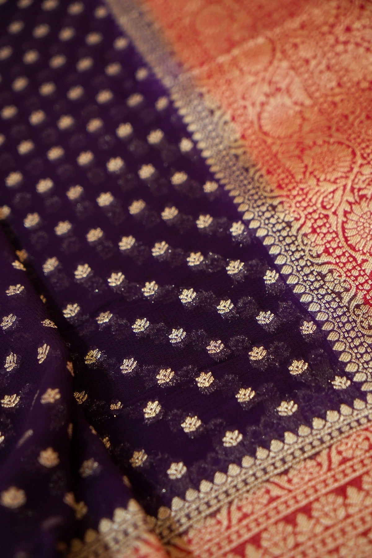 Deep Royal Purple Khaddi Georgette Pure Banarasi Saree with Contrast Rose Red Border