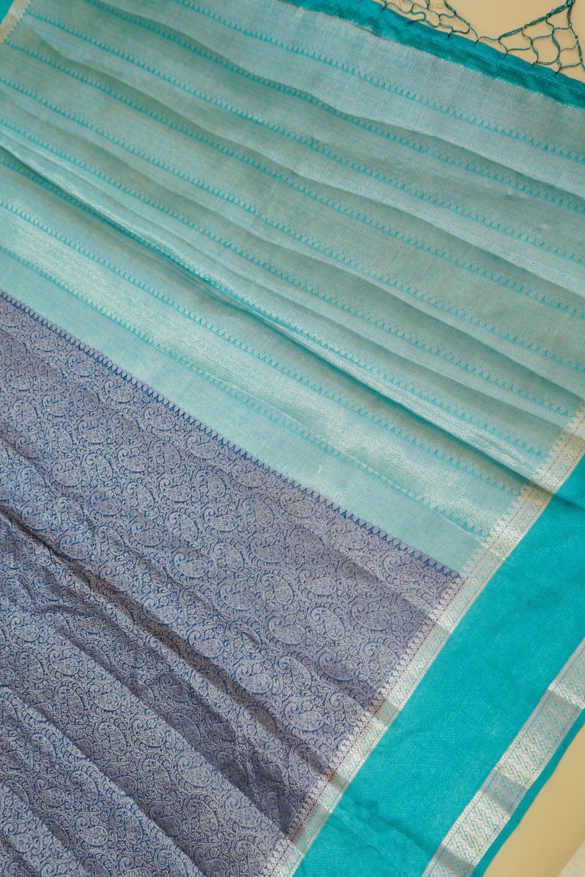 Steel Blue and Turquoise Worm Silk Saree with Gold Zari Detailing