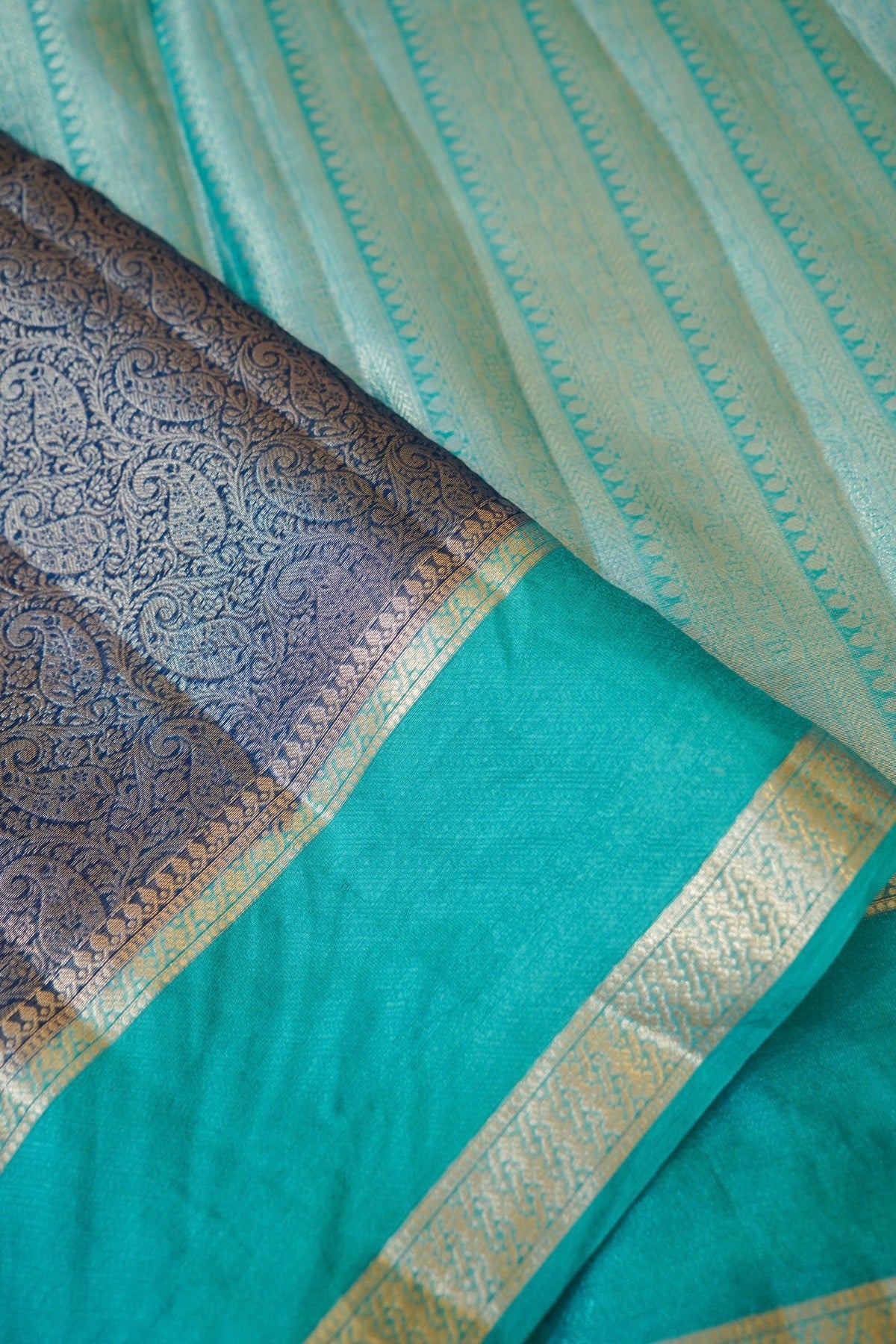 Steel Blue and Turquoise Worm Silk Saree with Gold Zari Detailing