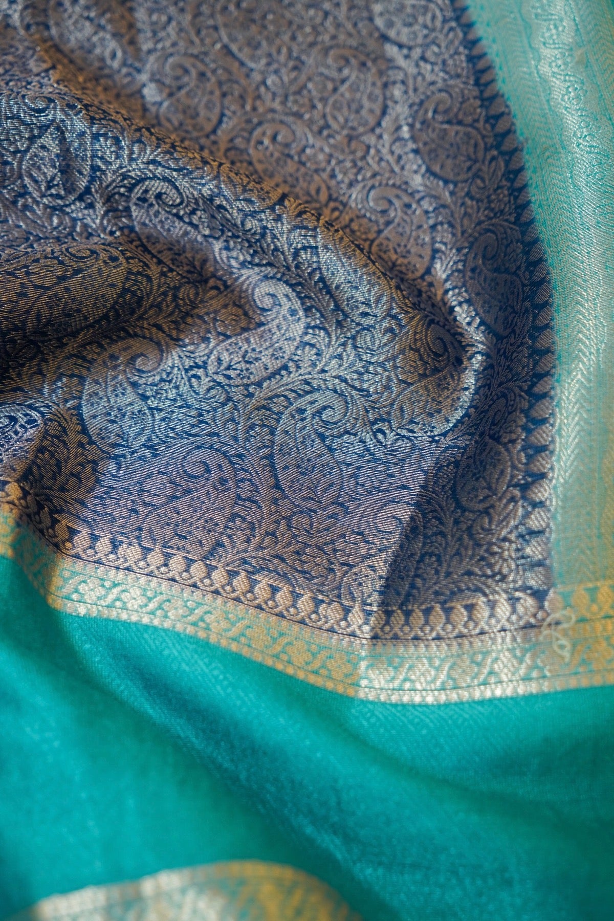 Steel Blue and Turquoise Worm Silk Saree with Gold Zari Detailing
