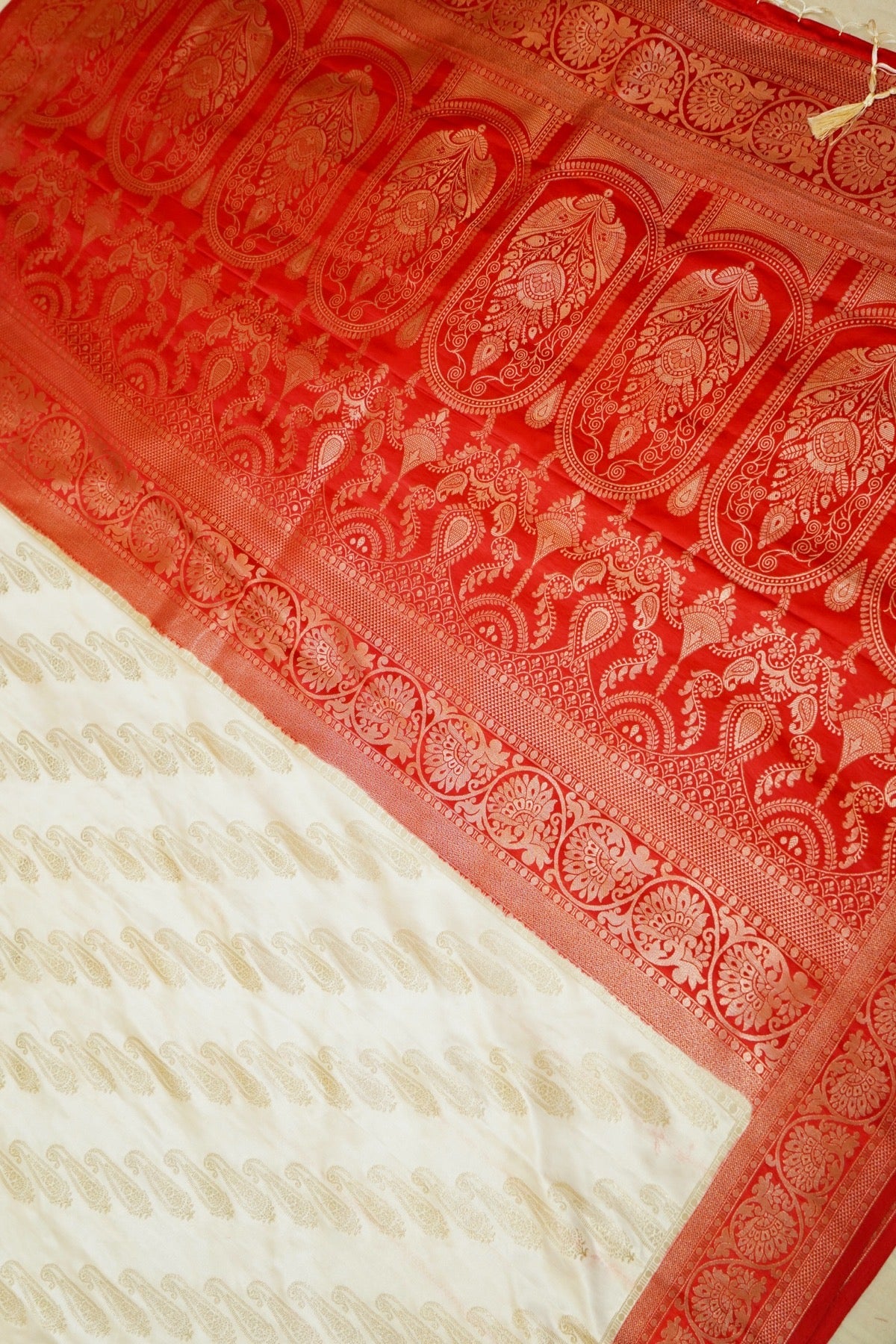 Classic Ivory Satin Mashru Silk Saree with Red Border