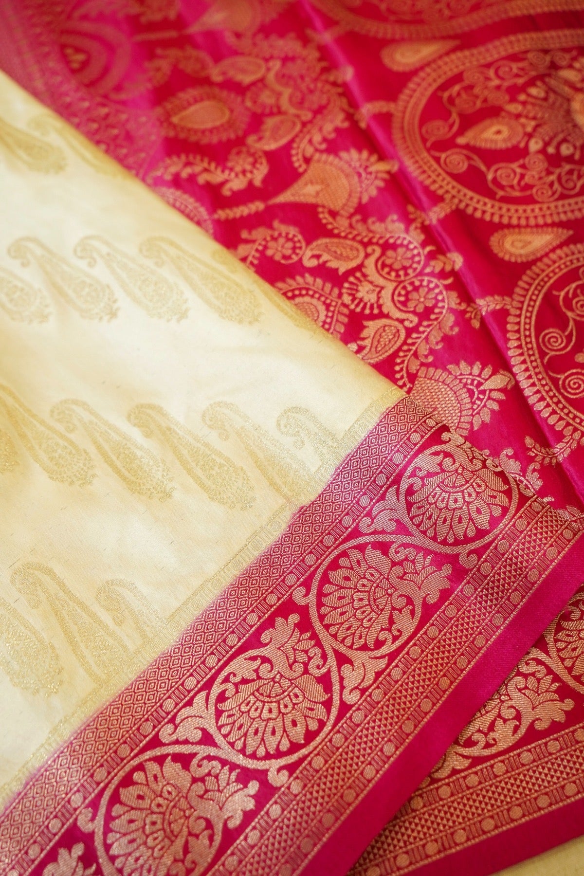 Classic Ivory Satin Mashru Silk Saree with Pink Border
