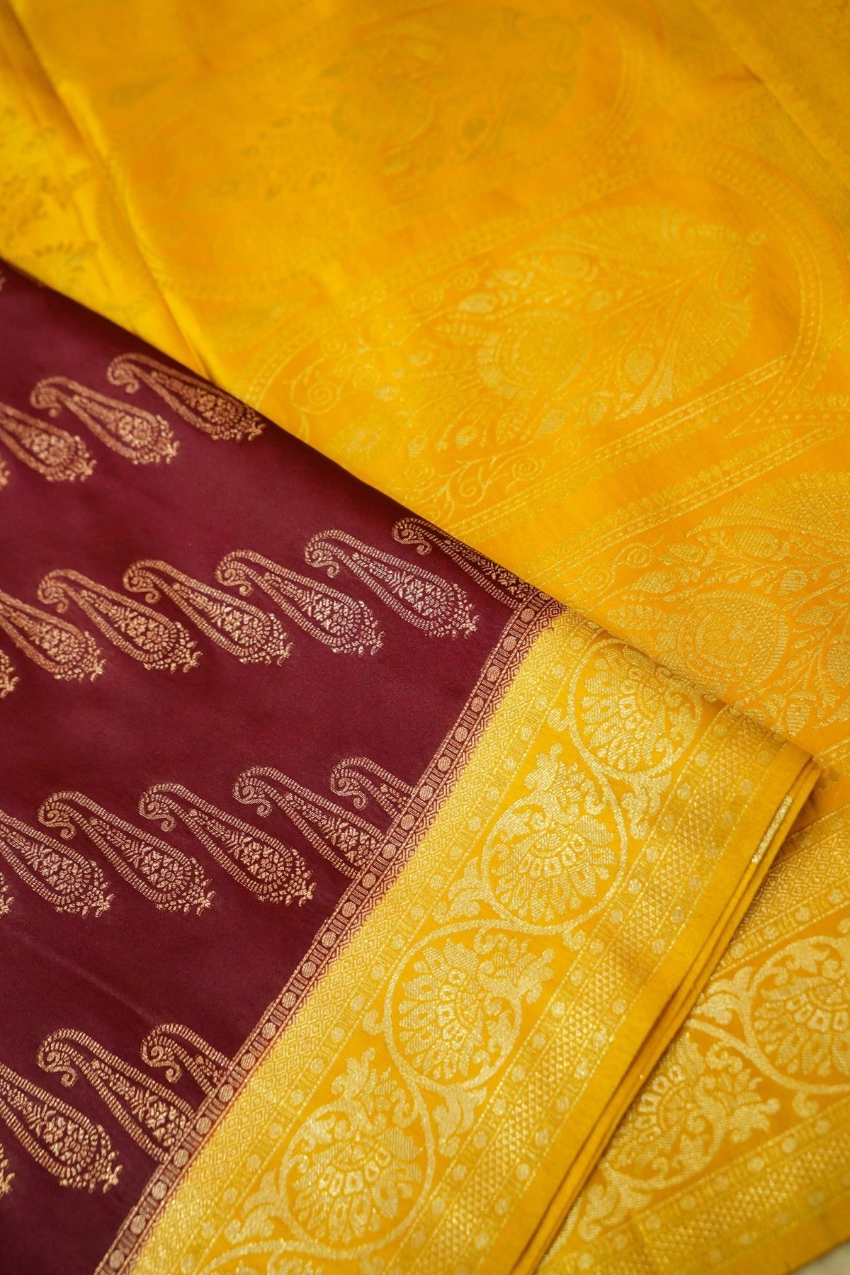 Classic Wine Satin Mashru Silk Saree with Mustard Border