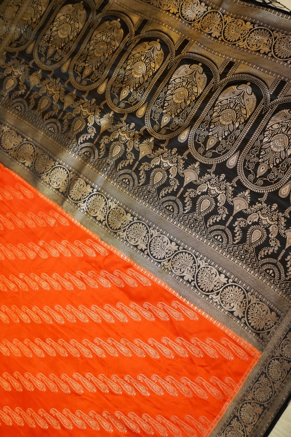 Classic Vermilion Orange Satin Mashru Silk Saree with Black Border
