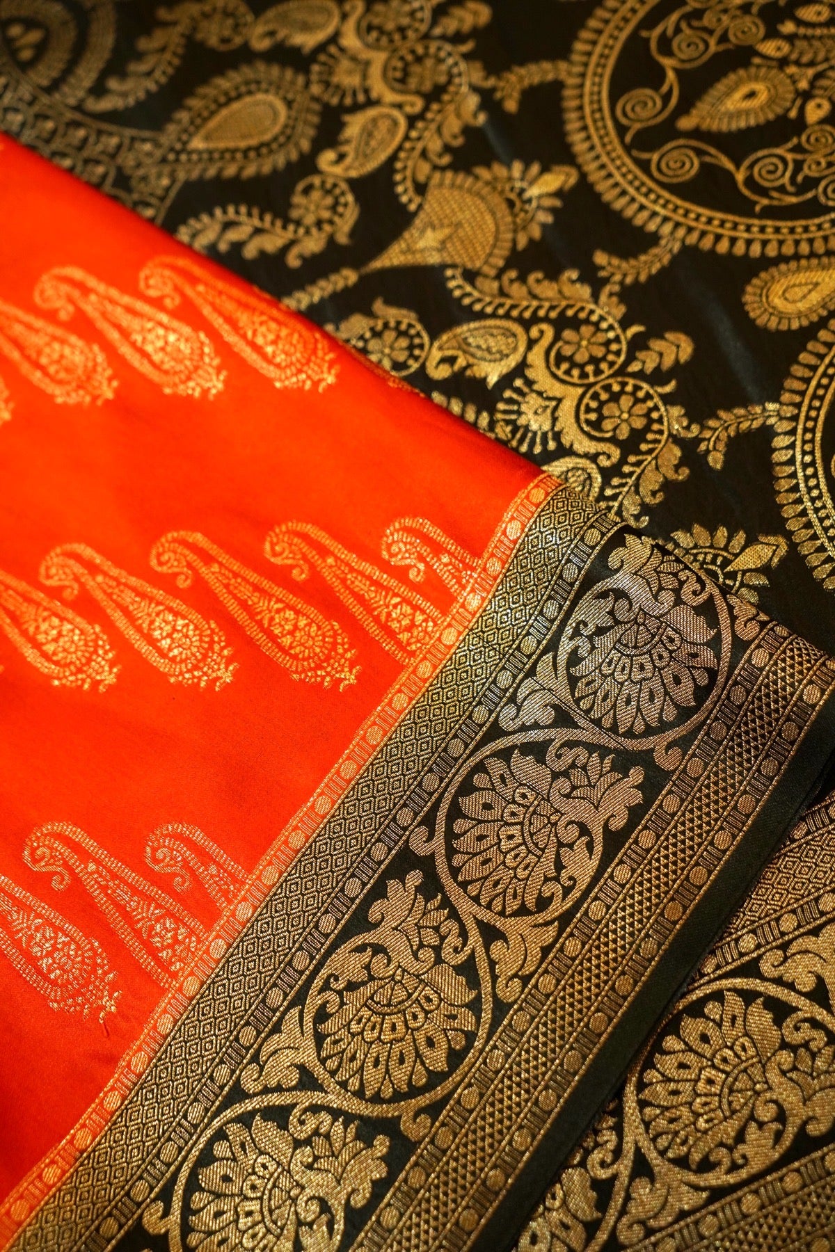 Classic Vermilion Orange Satin Mashru Silk Saree with Black Border