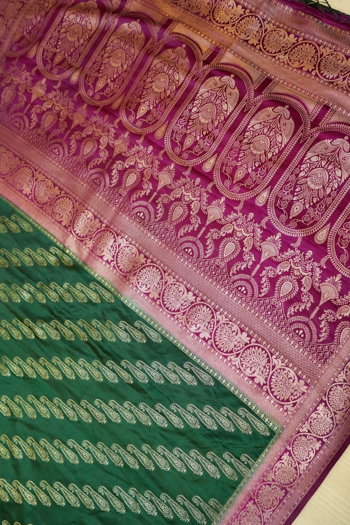 Classic Bottle Green Satin Mashru Silk Saree with Purple Border