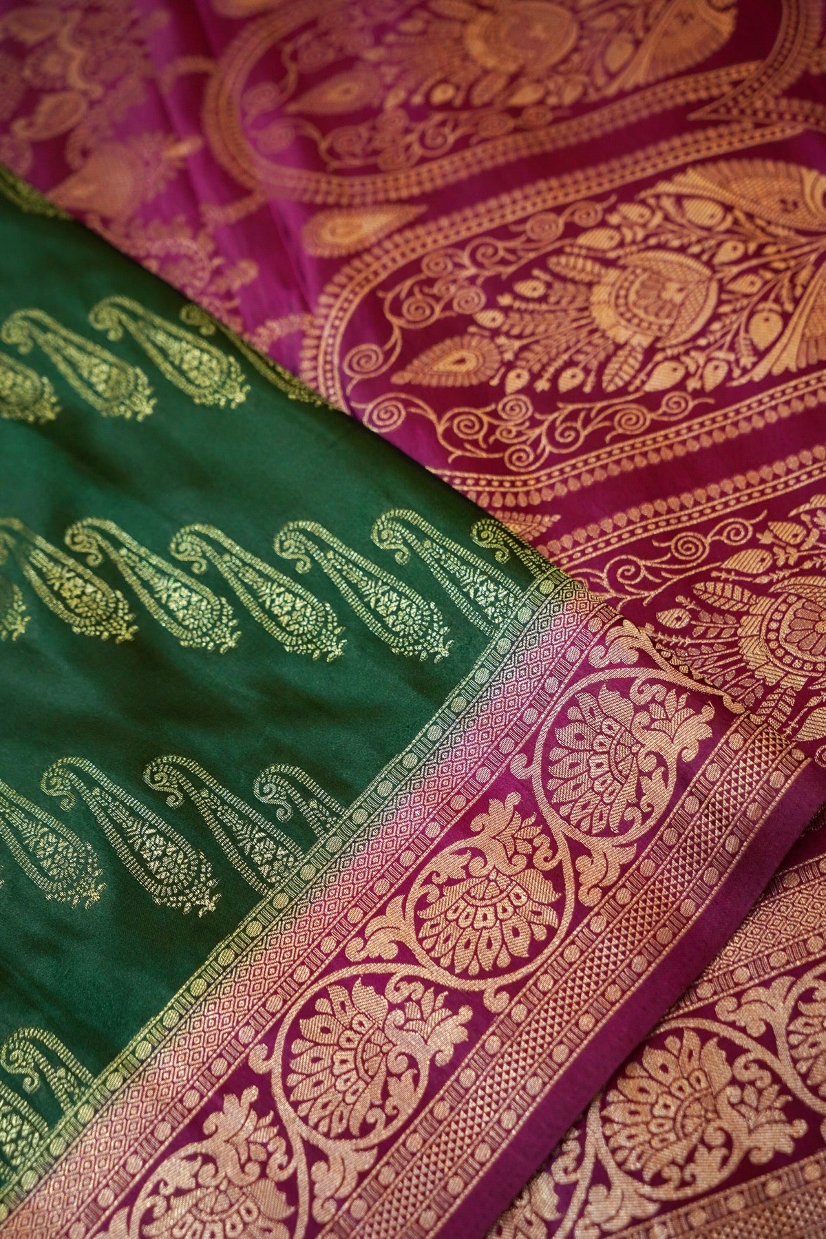 Classic Bottle Green Satin Mashru Silk Saree with Purple Border