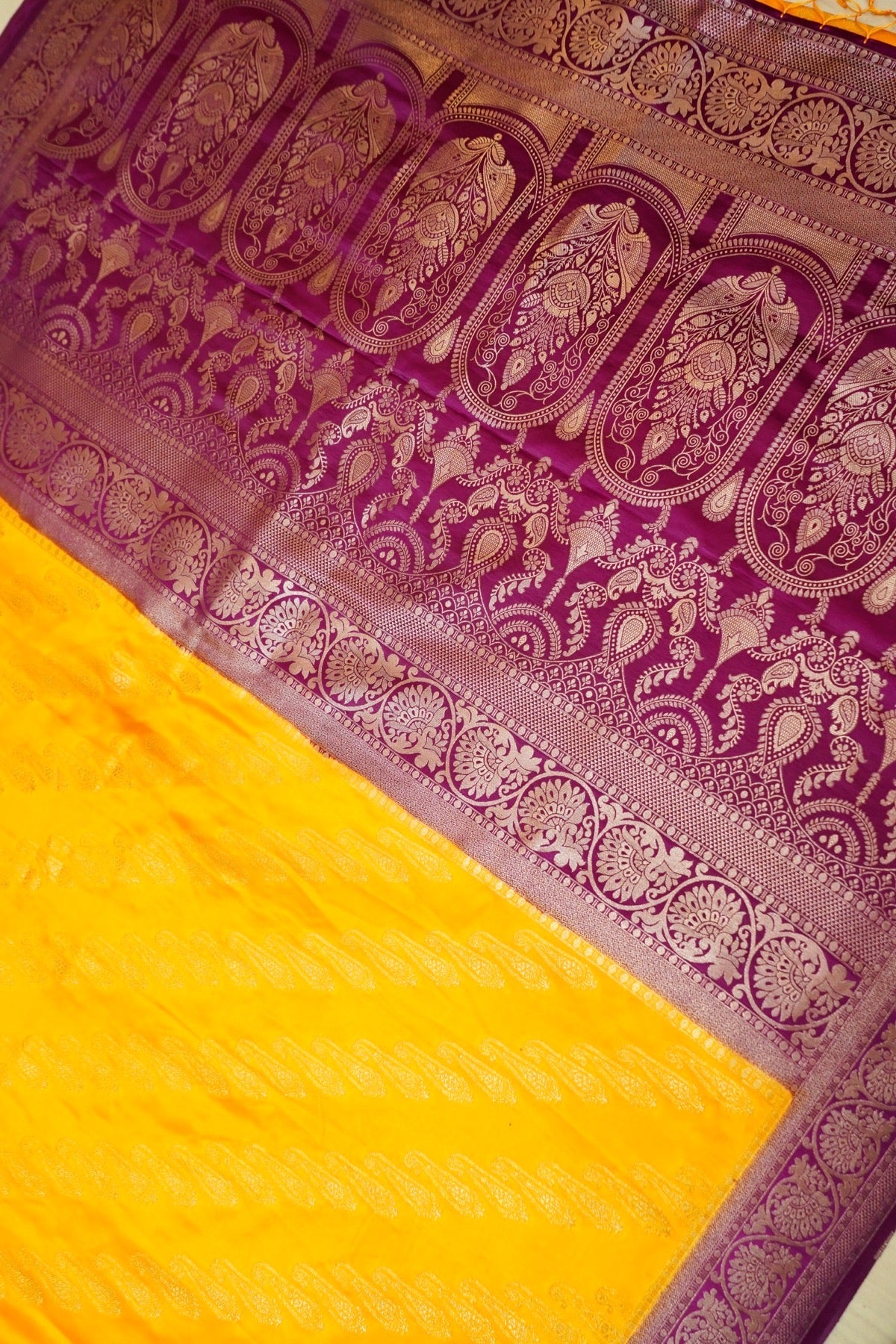 Classic Mustard Yellow Satin Mashru Silk Saree with Purple Border