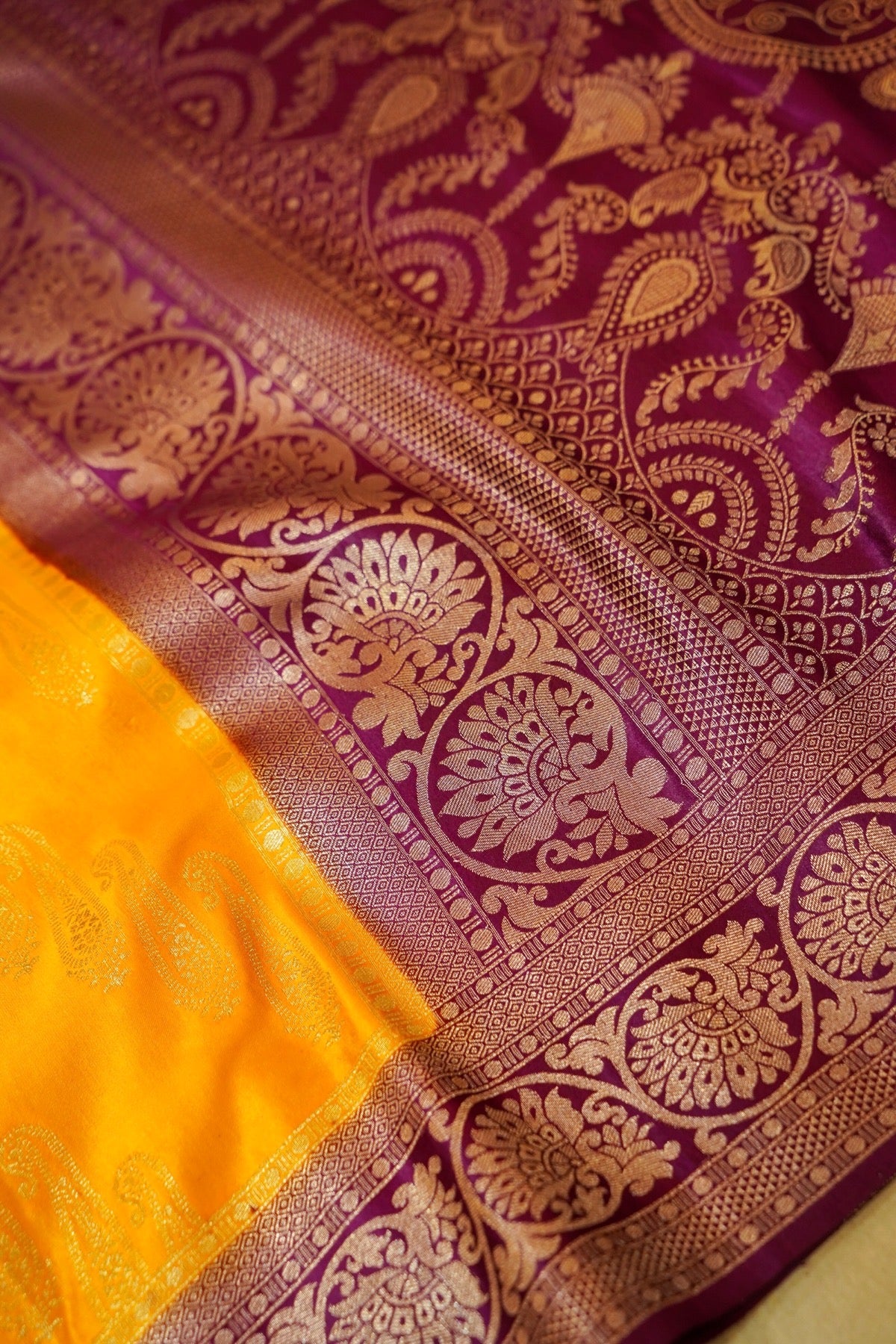Classic Mustard Yellow Satin Mashru Silk Saree with Purple Border