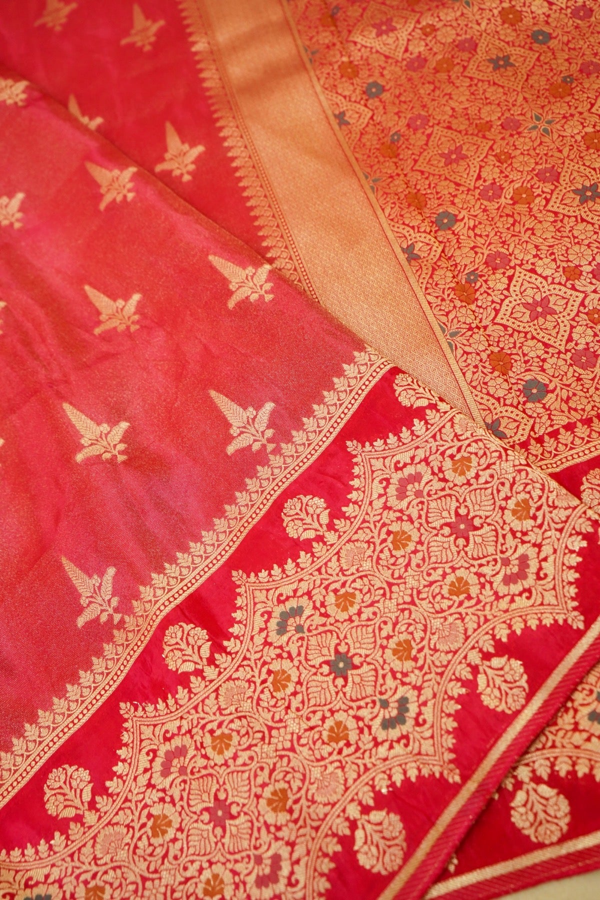 Rose Pink Tissue Silk Saree with Artistic Floral Border
