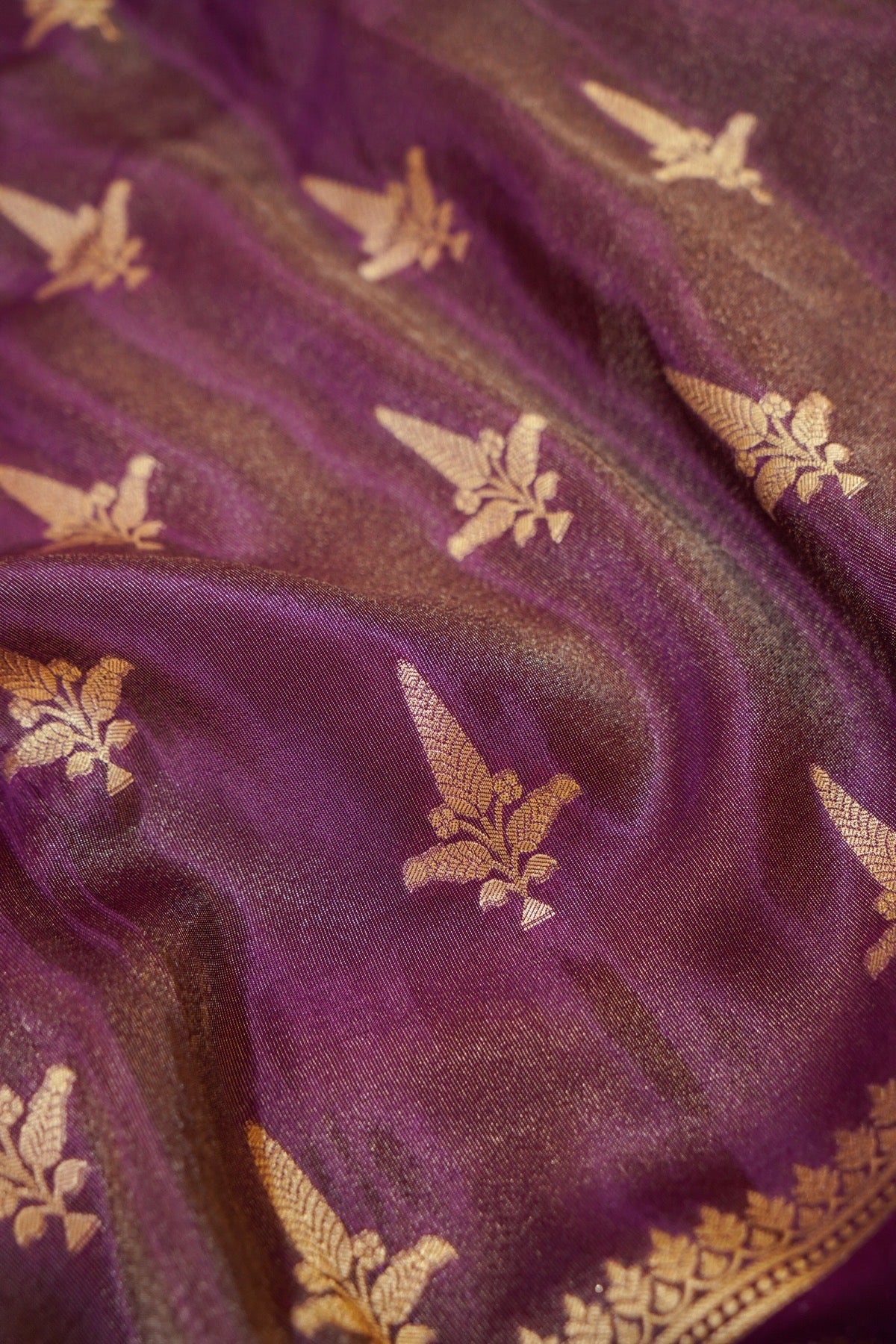 Deep Purple Tissue Silk Saree with Artistic Floral Border