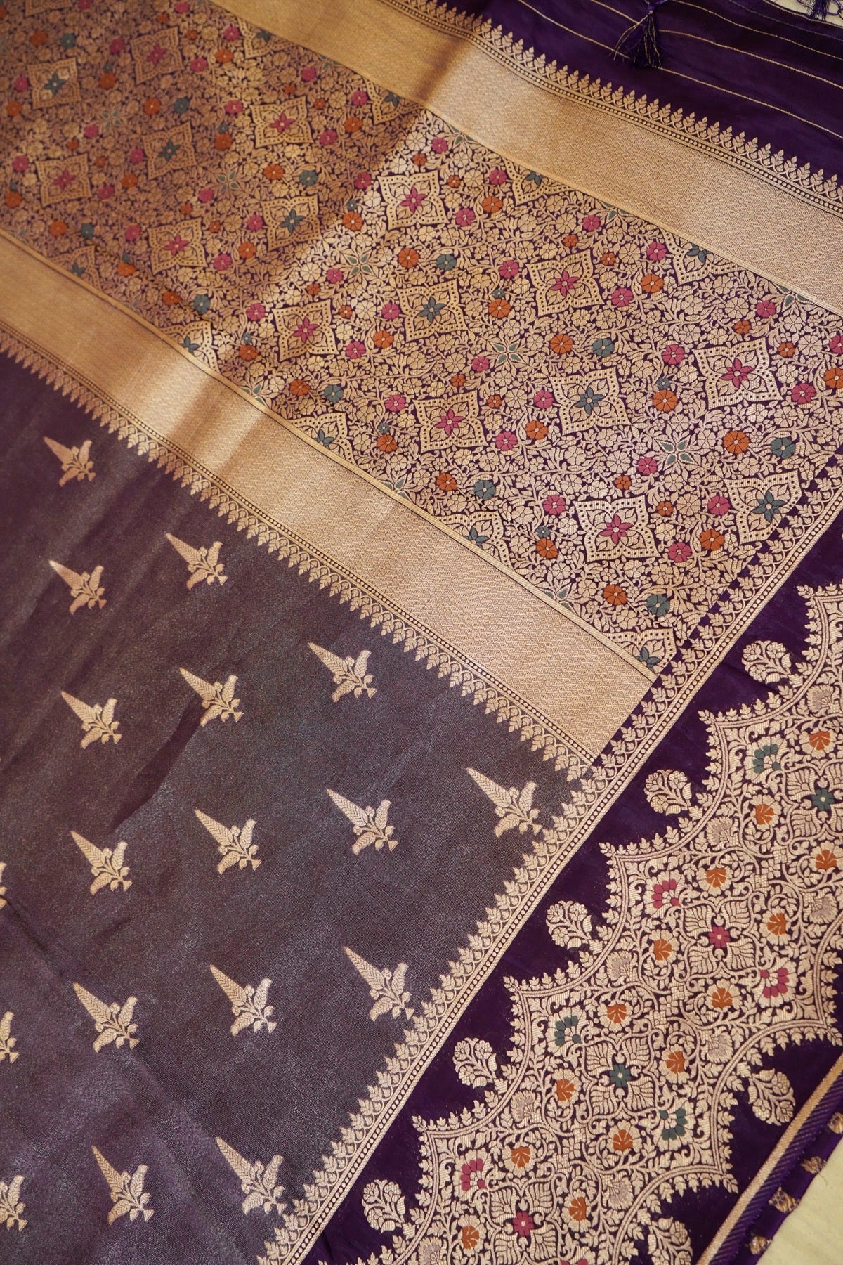 Deep Blue Tissue Silk Saree with Artistic Floral Border