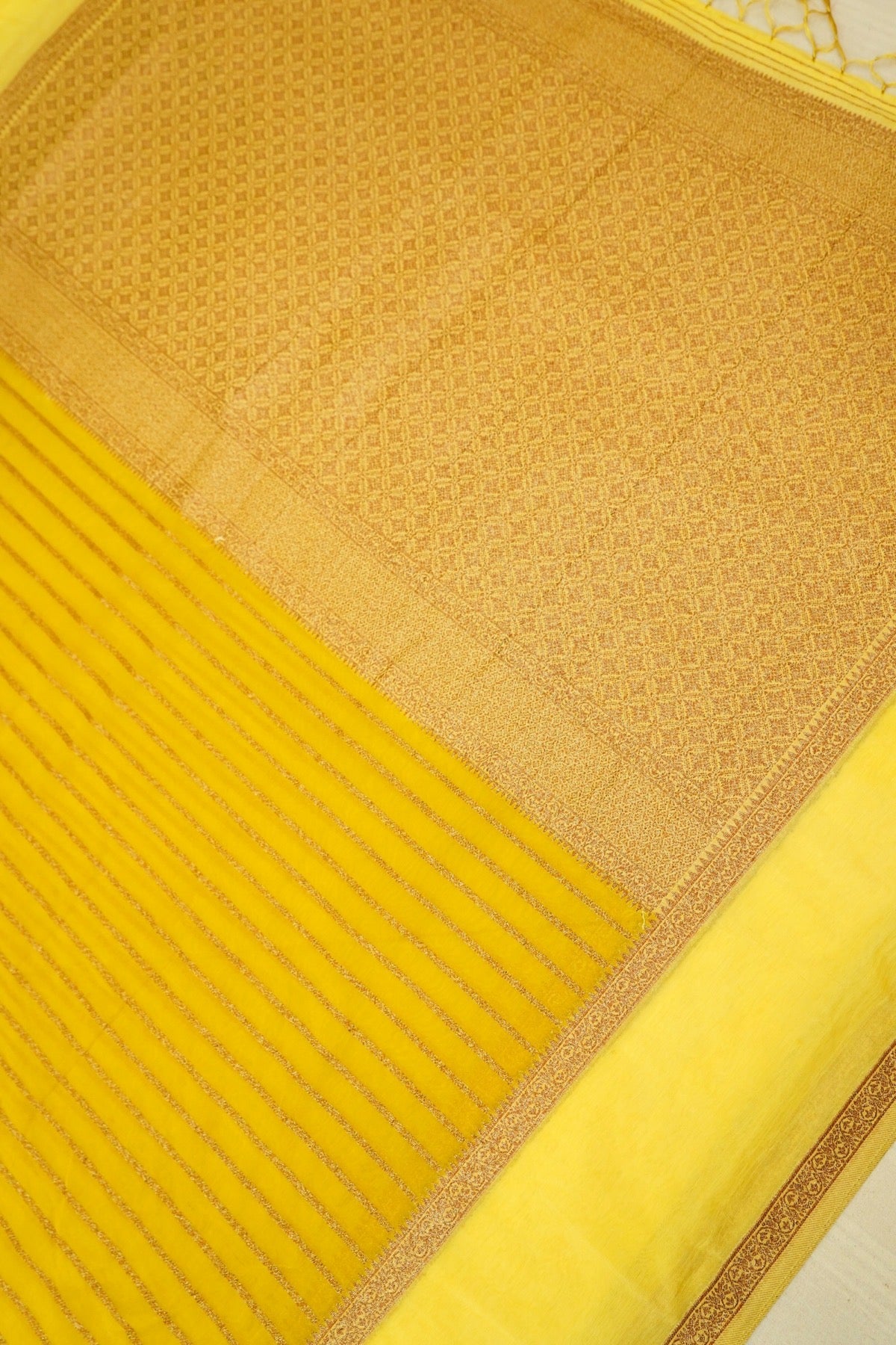 Regal Stripes Chinon Silk Saree with Stitched Blouse in Mustard Yellow